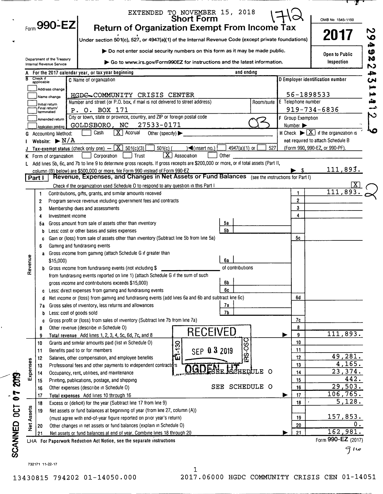 Image of first page of 2017 Form 990EZ for HGDC Community Crisis Center