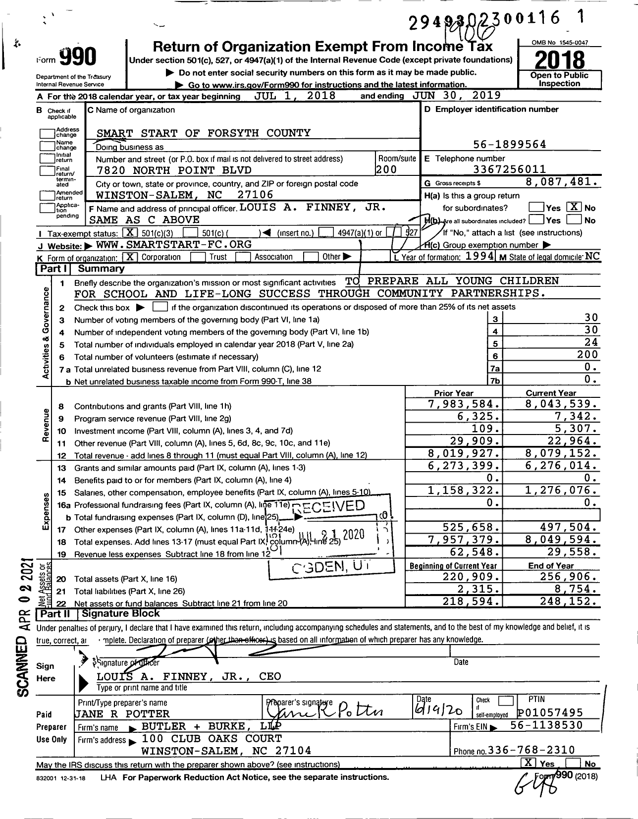 Image of first page of 2018 Form 990 for Smart Start of Forsyth County