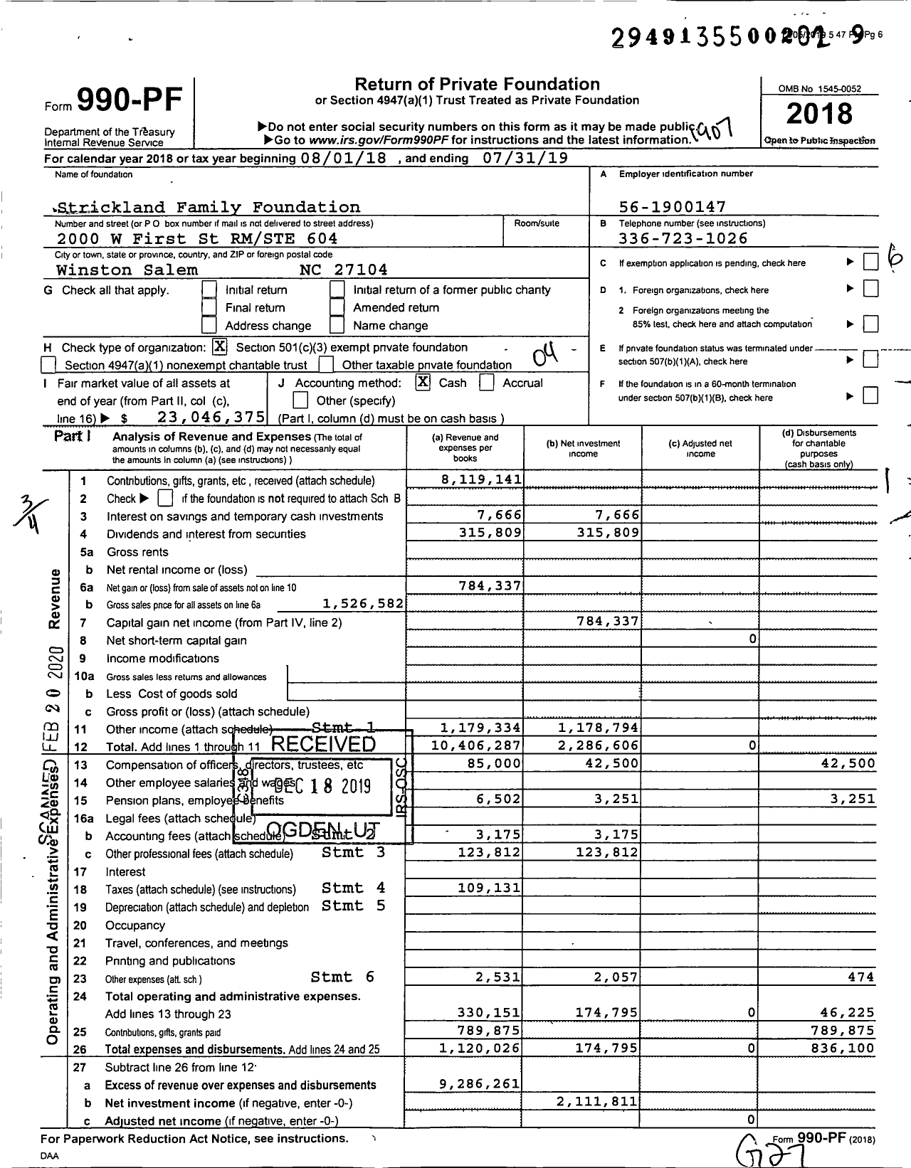 Image of first page of 2018 Form 990PF for Strickland Family Foundation