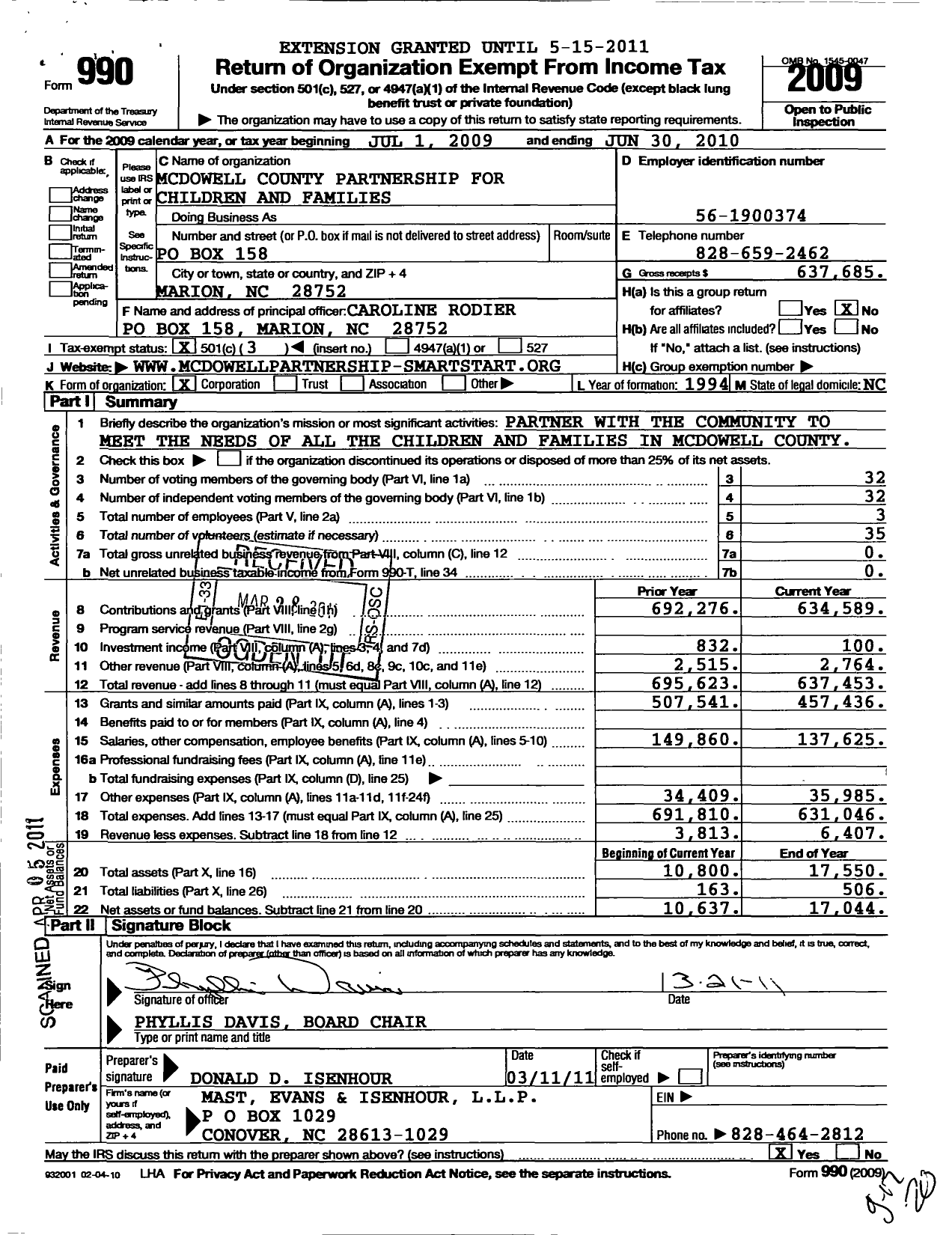 Image of first page of 2009 Form 990 for Mcdowell County Partnership for Children and Families