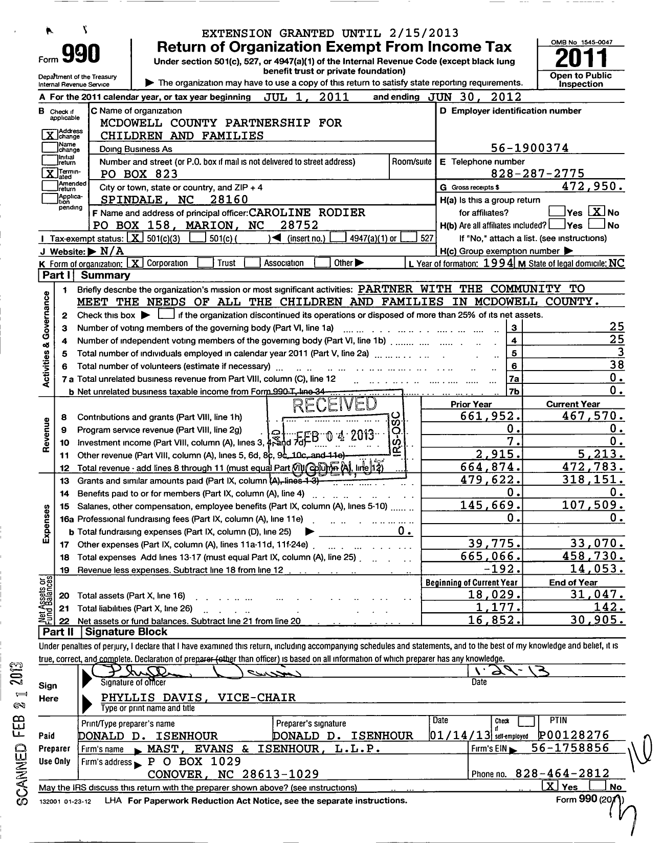 Image of first page of 2011 Form 990 for Mcdowell County Partnership for Children and Families