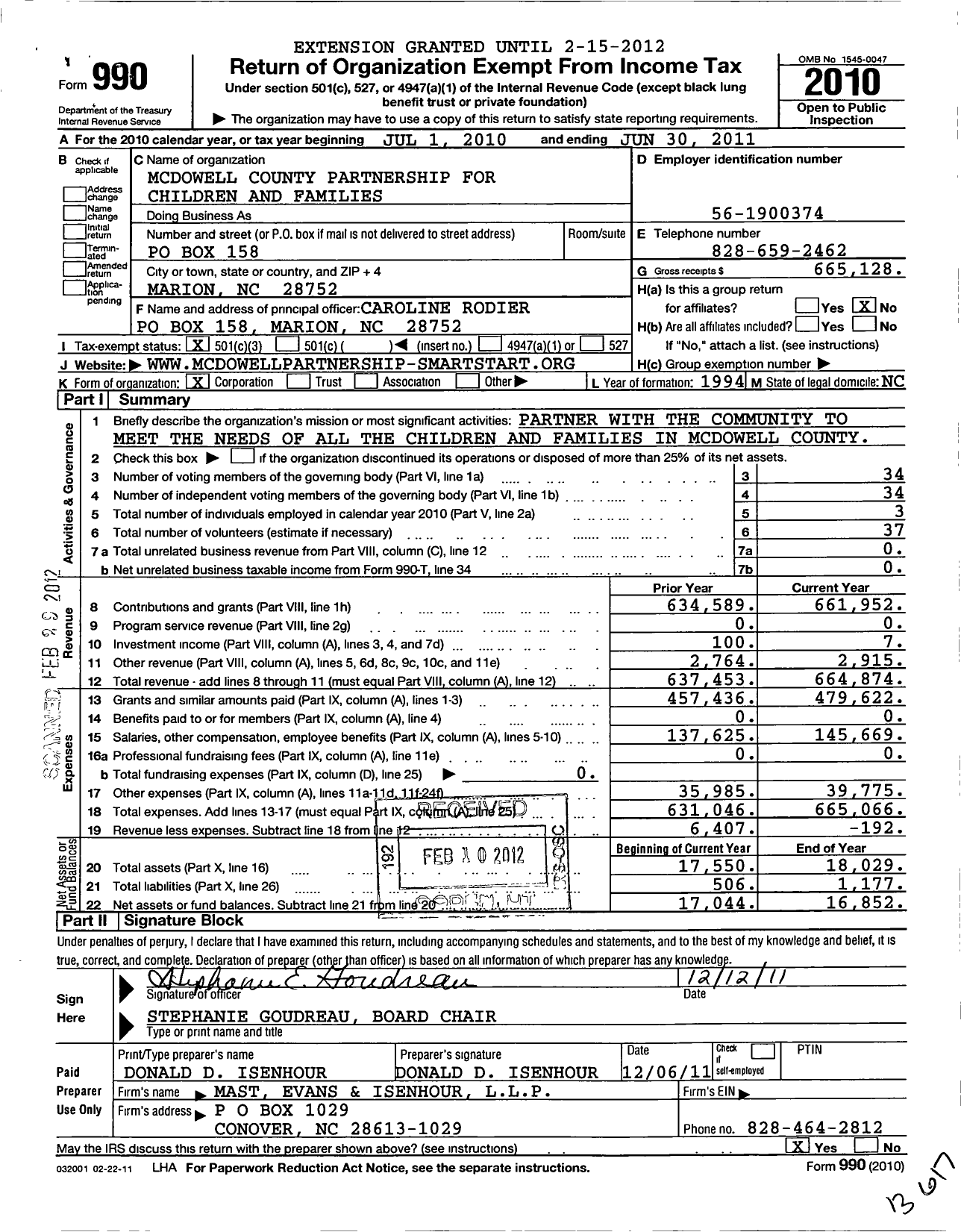 Image of first page of 2010 Form 990 for Mcdowell County Partnership for Children and Families