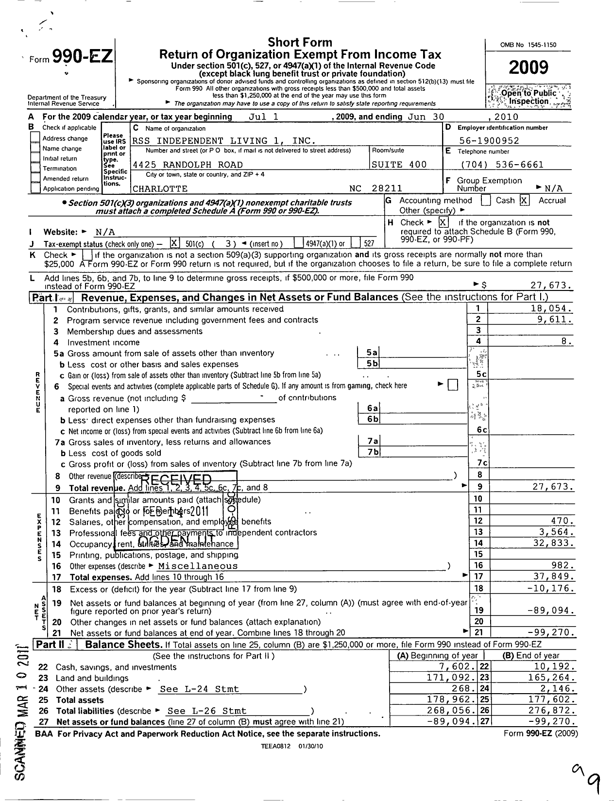 Image of first page of 2009 Form 990EZ for RSS Independent Living 1