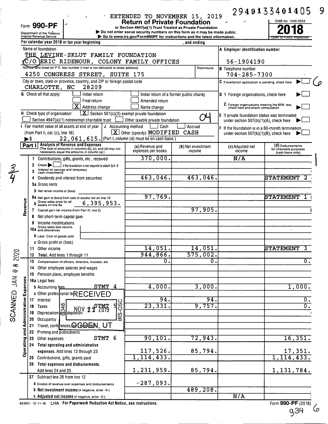 Image of first page of 2018 Form 990PF for The Levine-Sklut Family Foundation