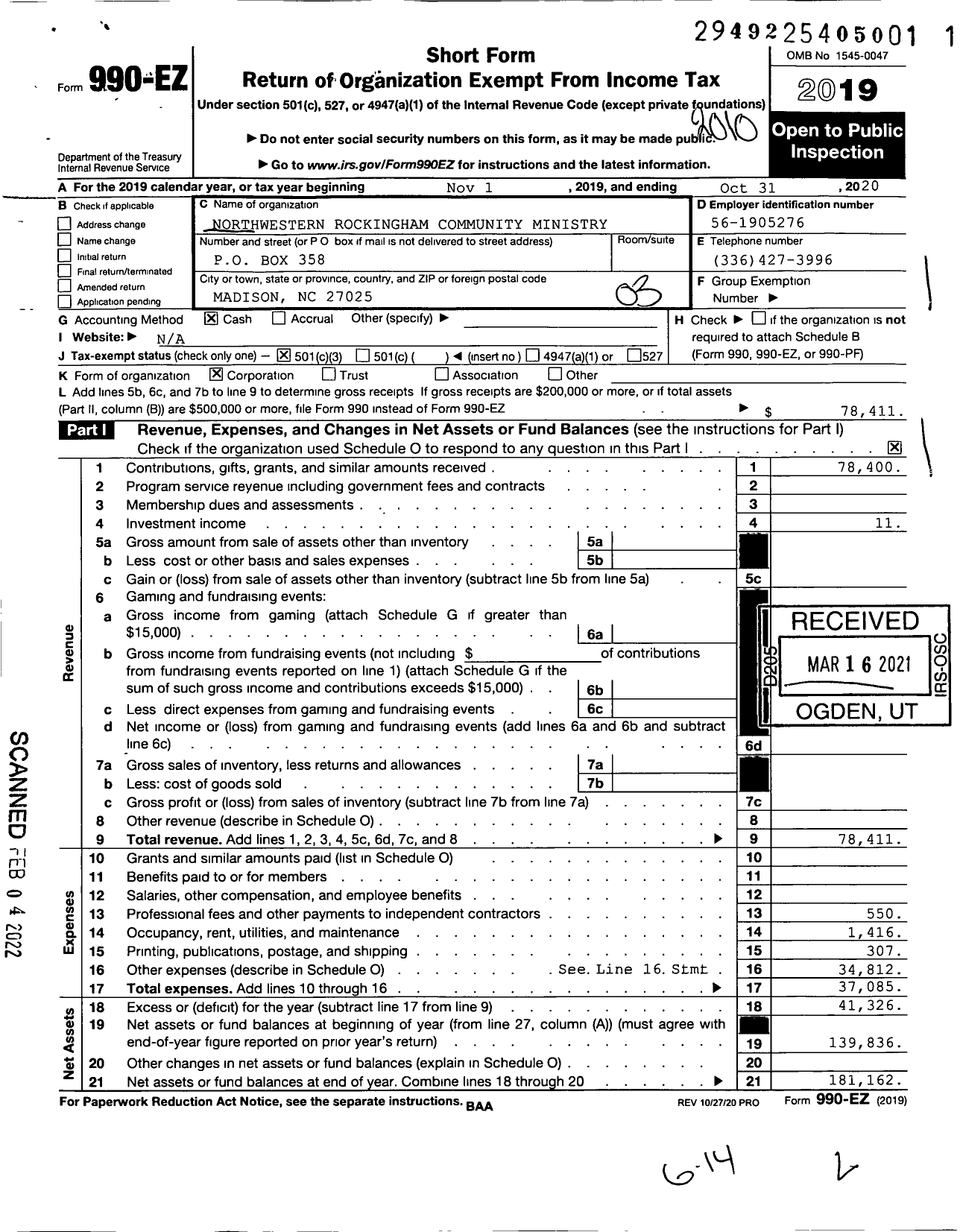 Image of first page of 2019 Form 990EZ for Northwestern Rockingham Community Ministry