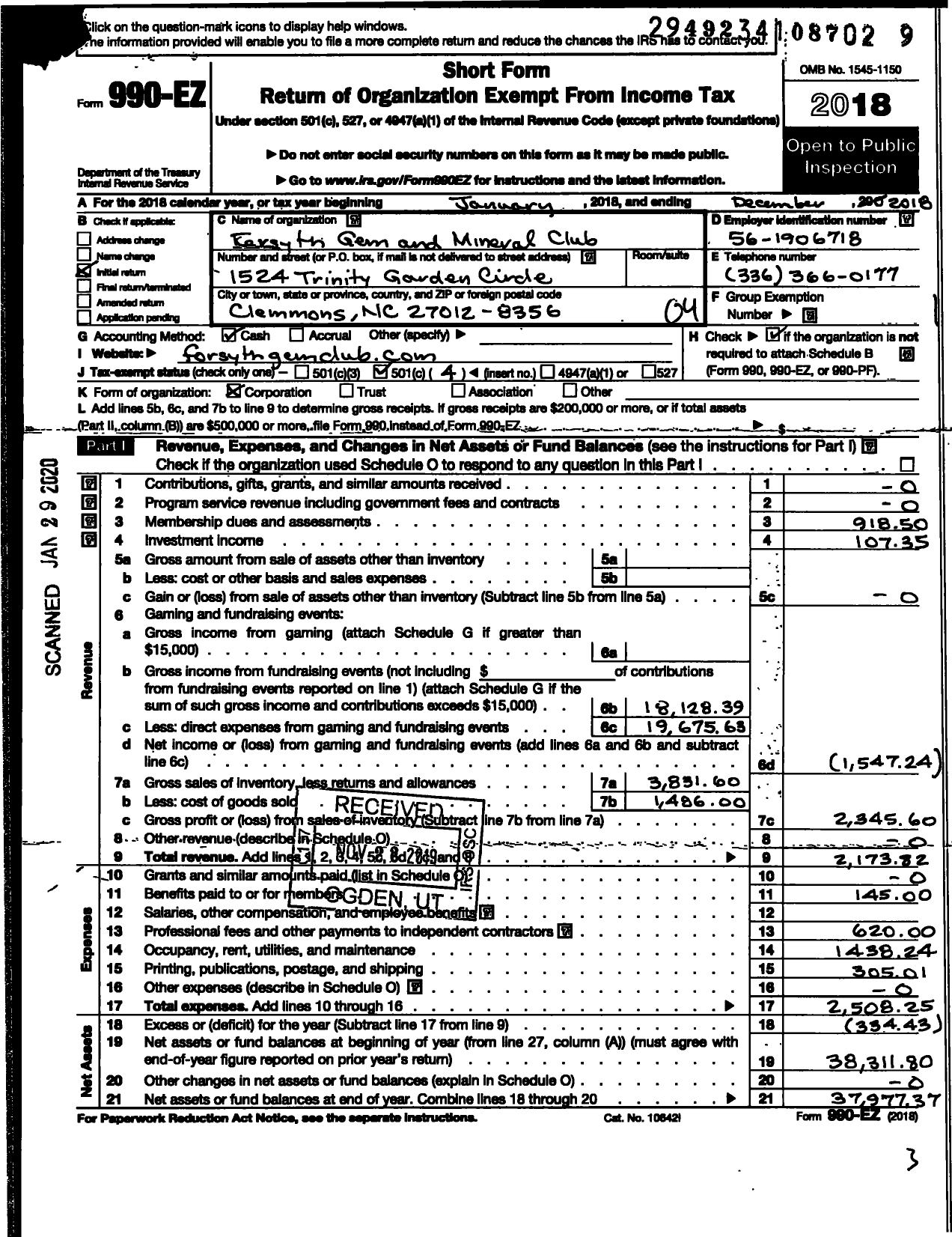 Image of first page of 2018 Form 990EO for Forsyth Gem and Mineral Club