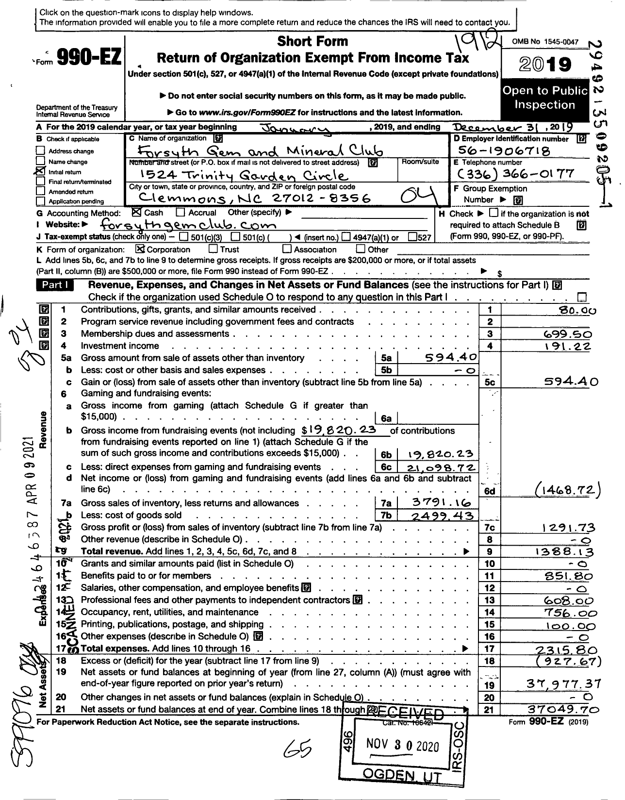 Image of first page of 2019 Form 990EO for Forsyth Gem and Mineral Club