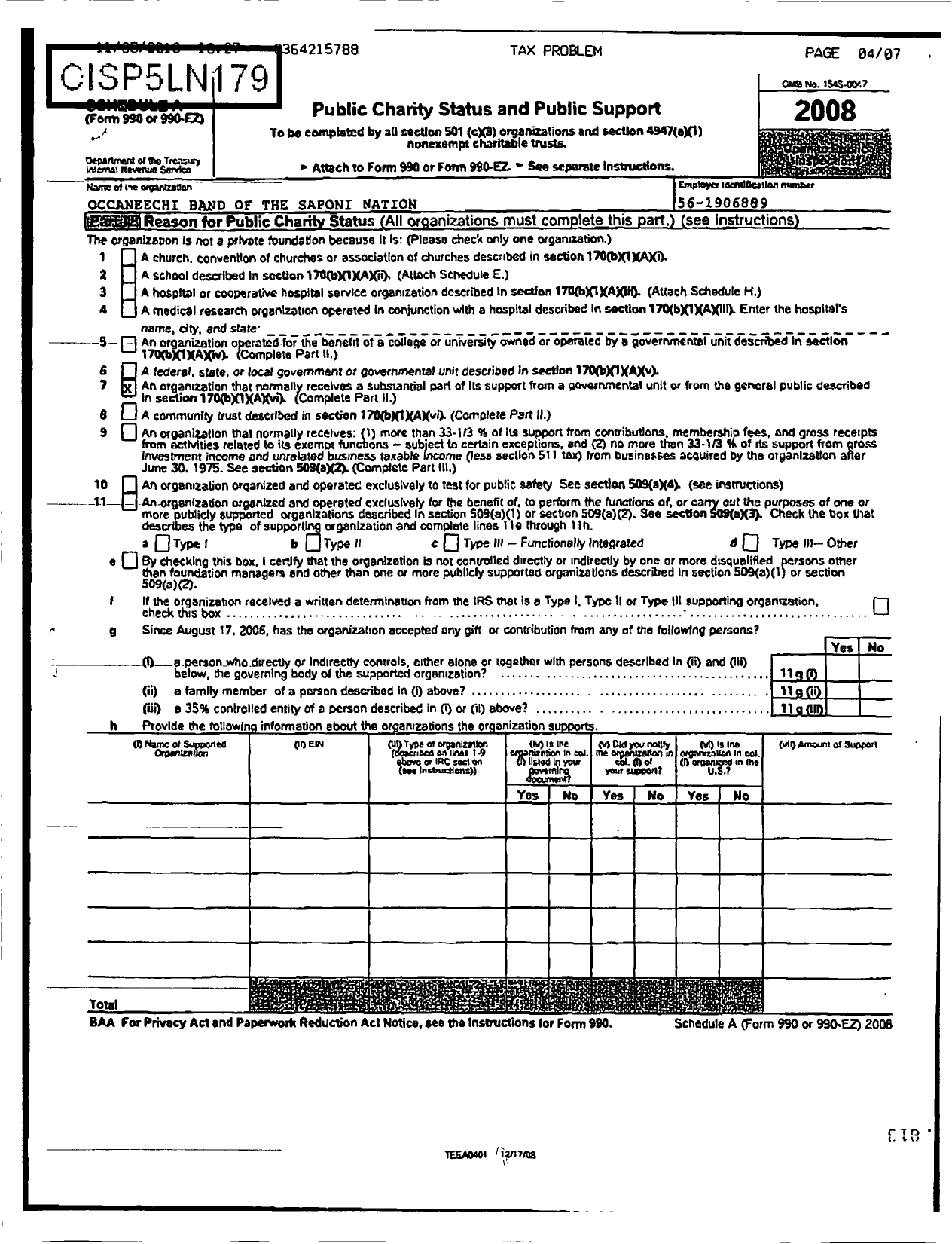 Image of first page of 2008 Form 990ER for Occaneechi Band of the Saponi Nation