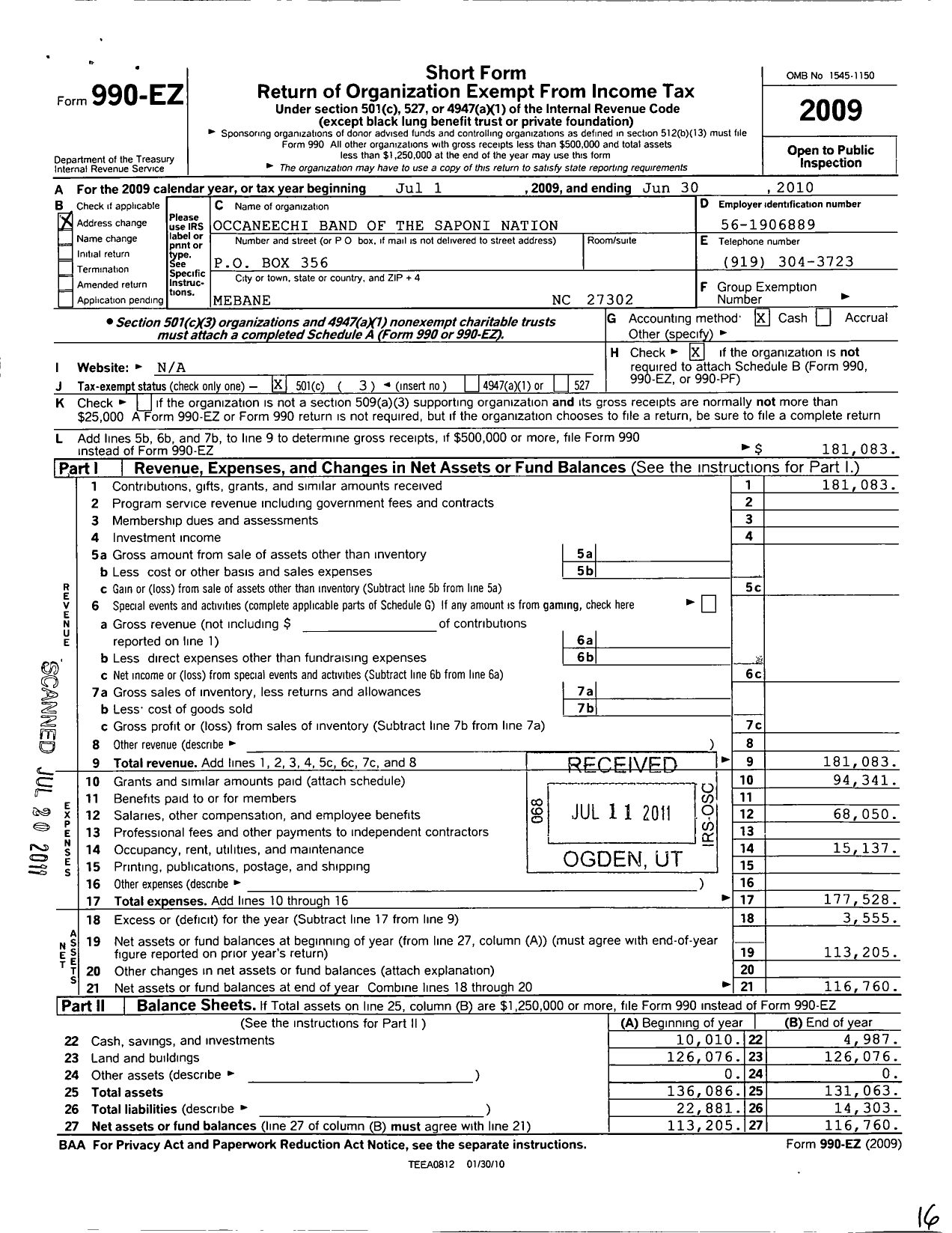 Image of first page of 2009 Form 990EZ for Occaneechi Band of the Saponi Nation