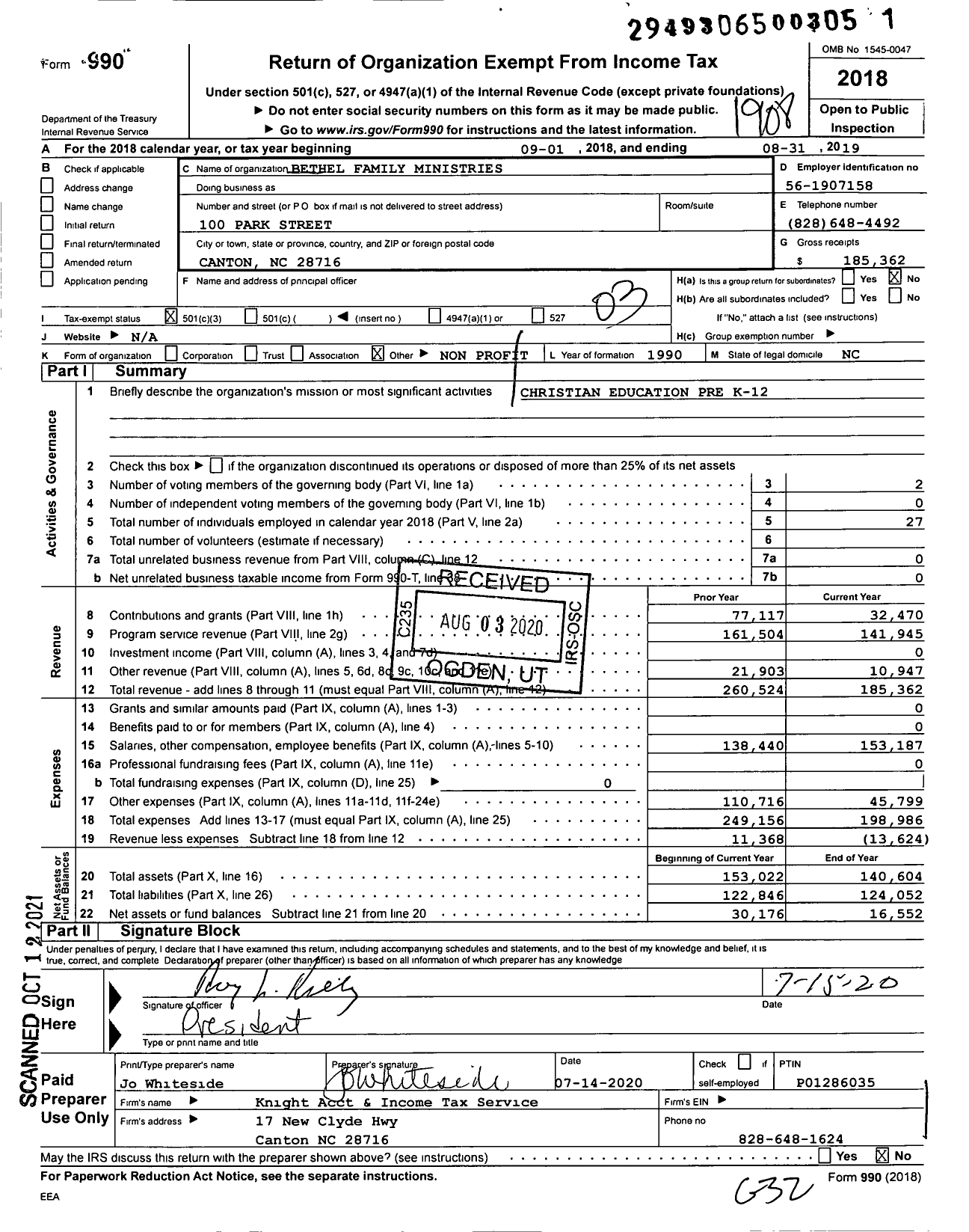 Image of first page of 2018 Form 990 for Bethel Family Ministries