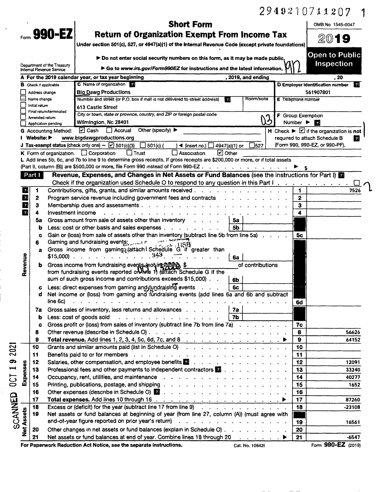 Image of first page of 2019 Form 990EZ for Big Dawg Productions