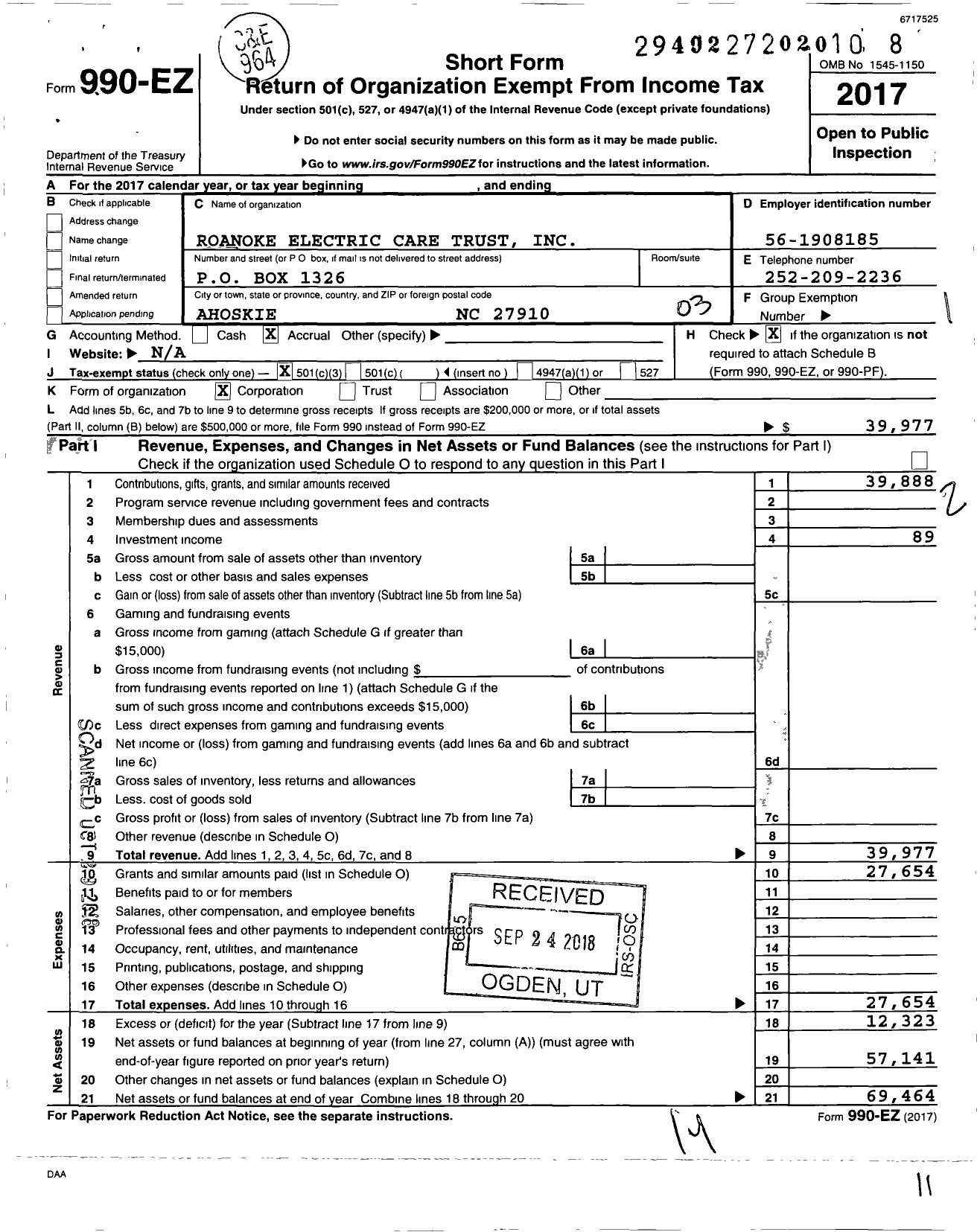 Image of first page of 2017 Form 990EZ for Roanoke Electric Care Trust