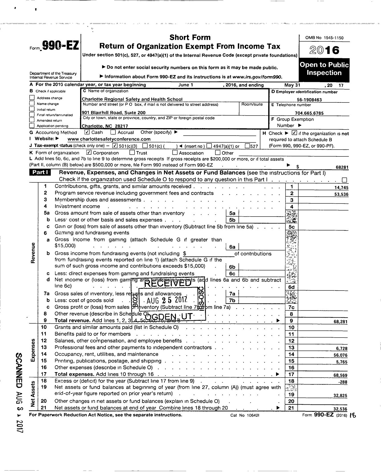 Image of first page of 2016 Form 990EZ for Charlotte Regional Safety and Health School