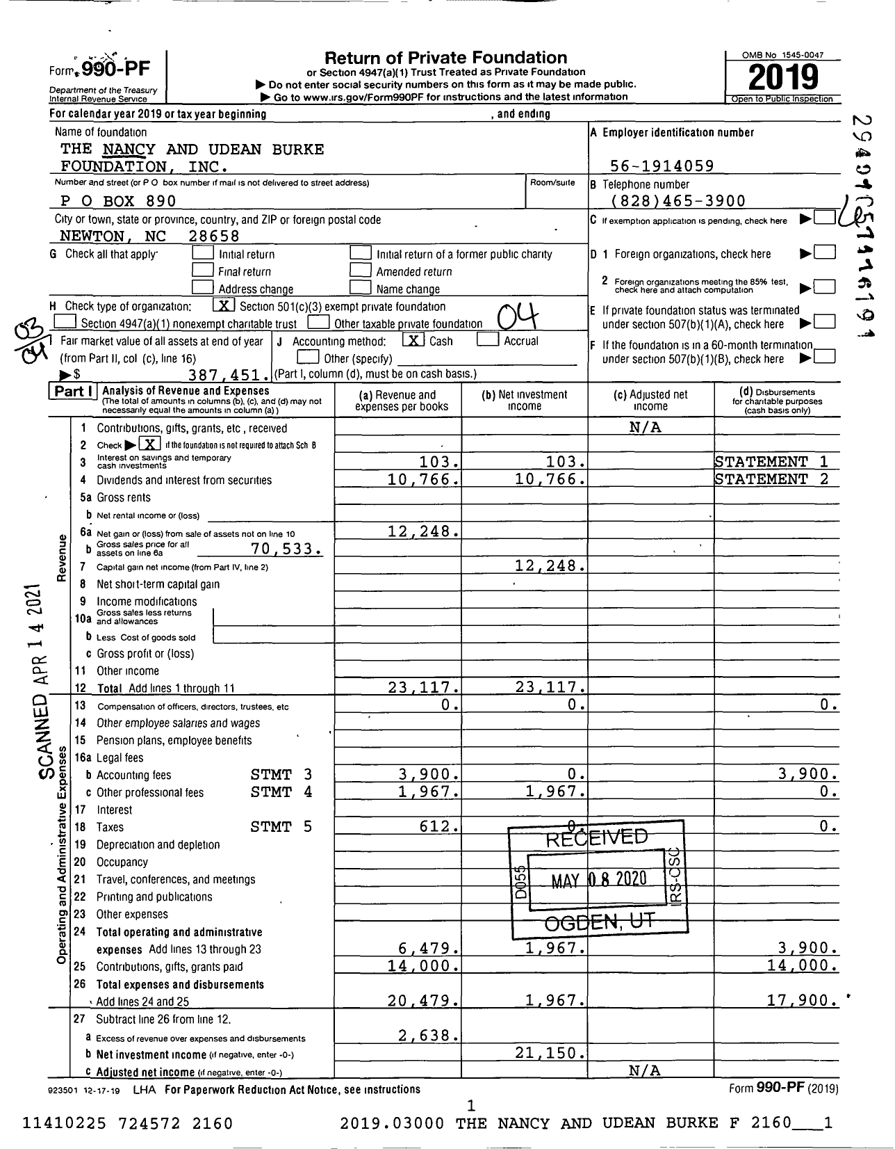 Image of first page of 2019 Form 990PF for The Nancy and Udean Burke Foundation