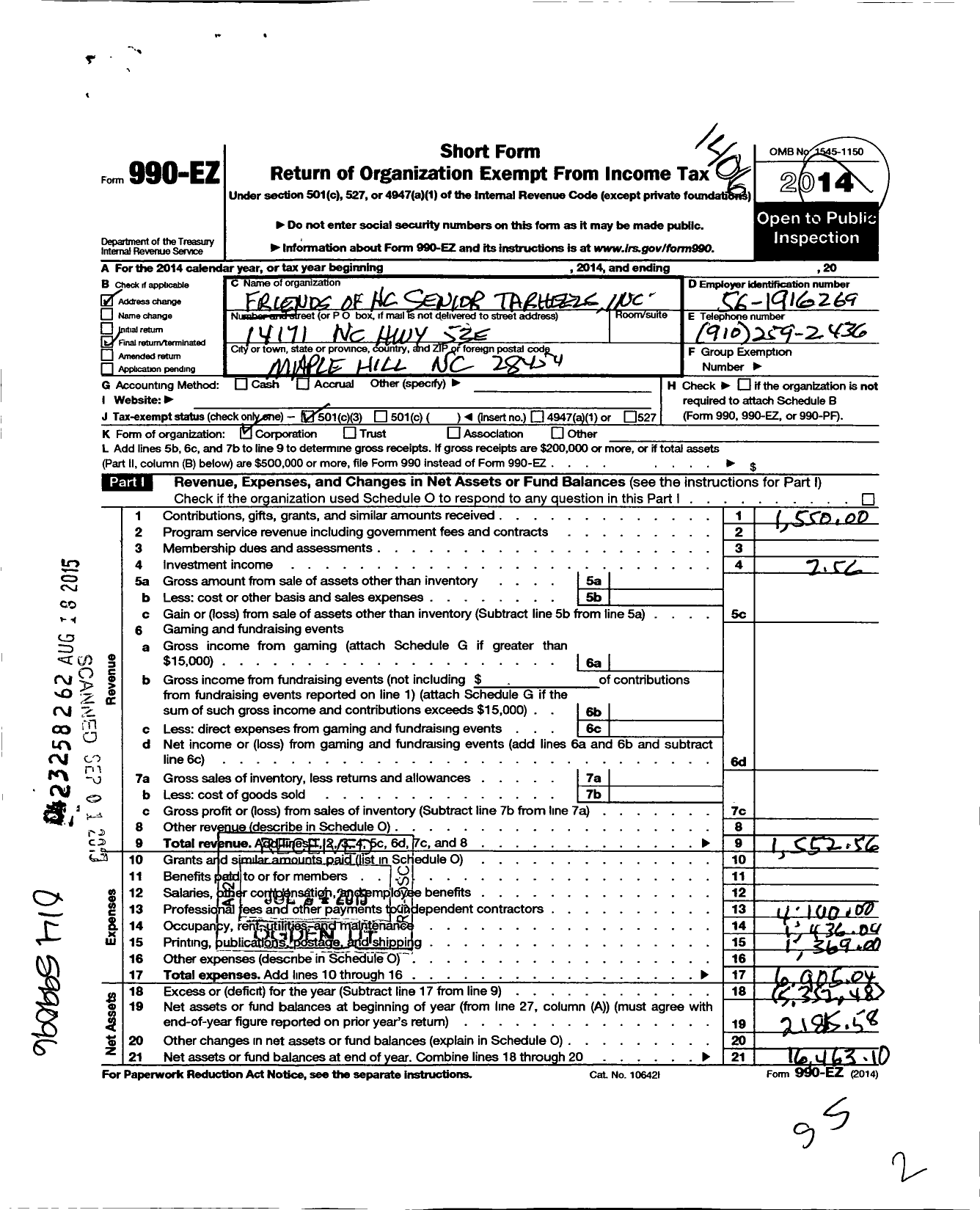 Image of first page of 2013 Form 990EZ for Friends of North Carolina Senior Tar Heels