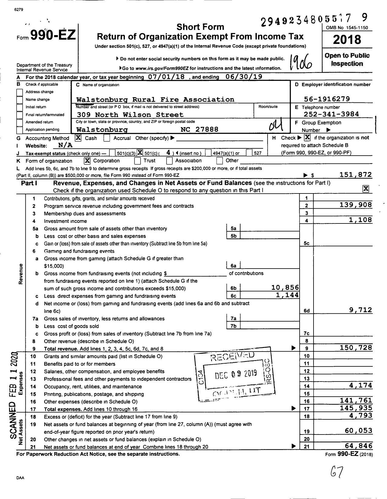 Image of first page of 2018 Form 990EO for Walstonburg Rural Fire Association