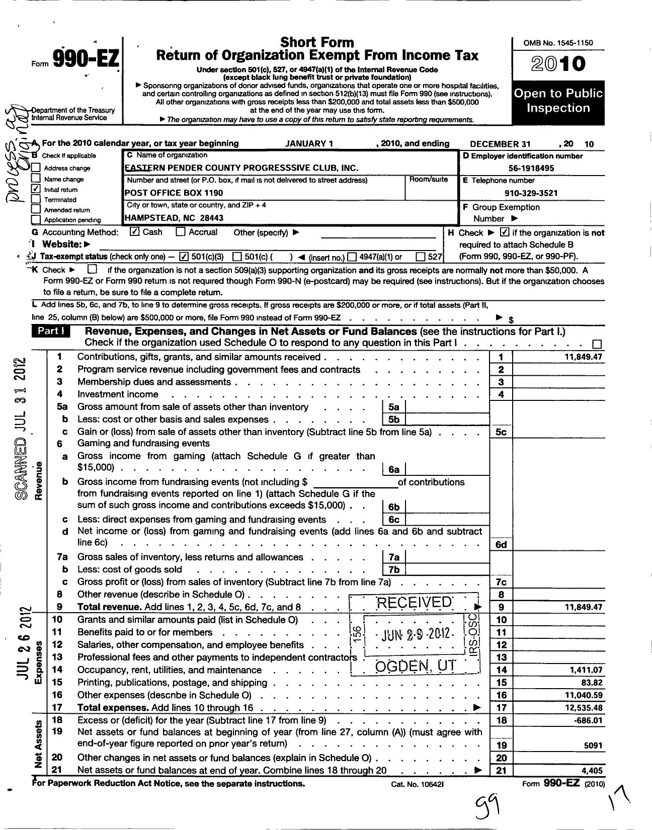 Image of first page of 2010 Form 990EZ for Eastern Pender County Progressive Club