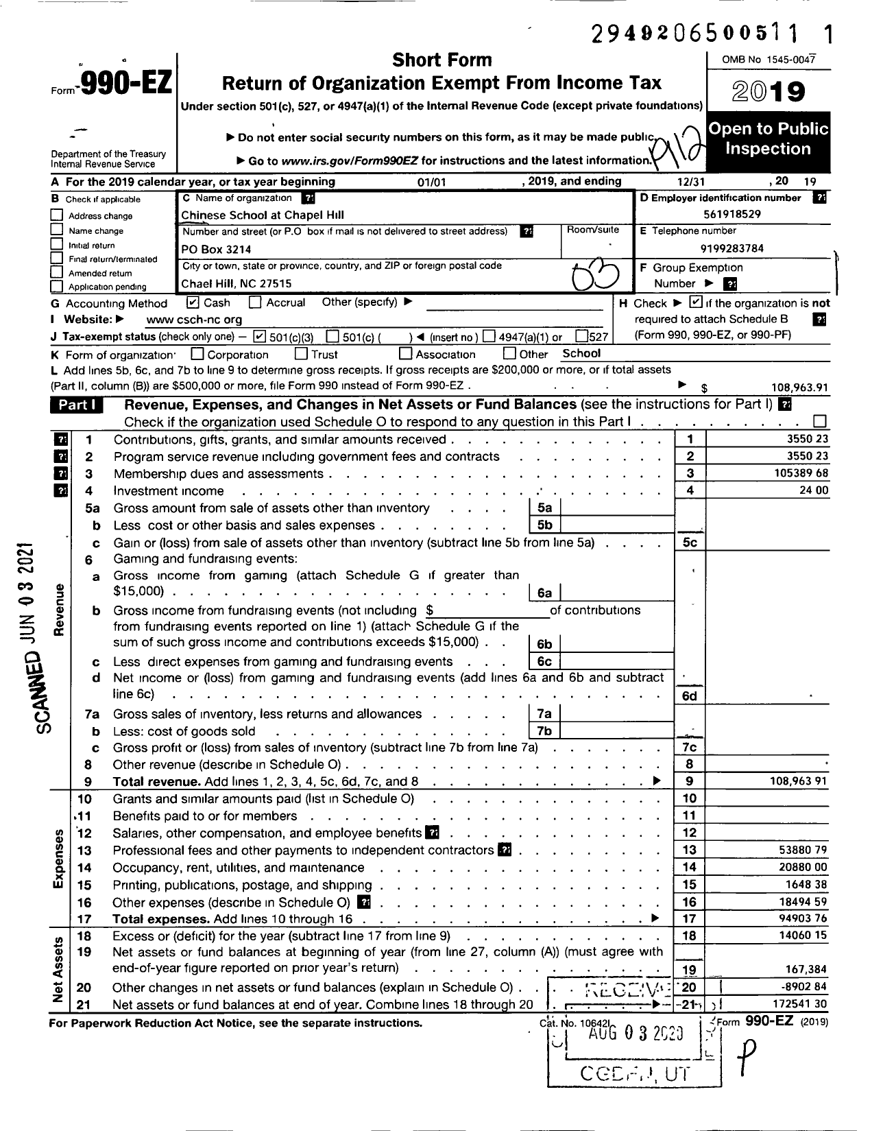 Image of first page of 2019 Form 990EZ for Chinese School at Chapel Hill