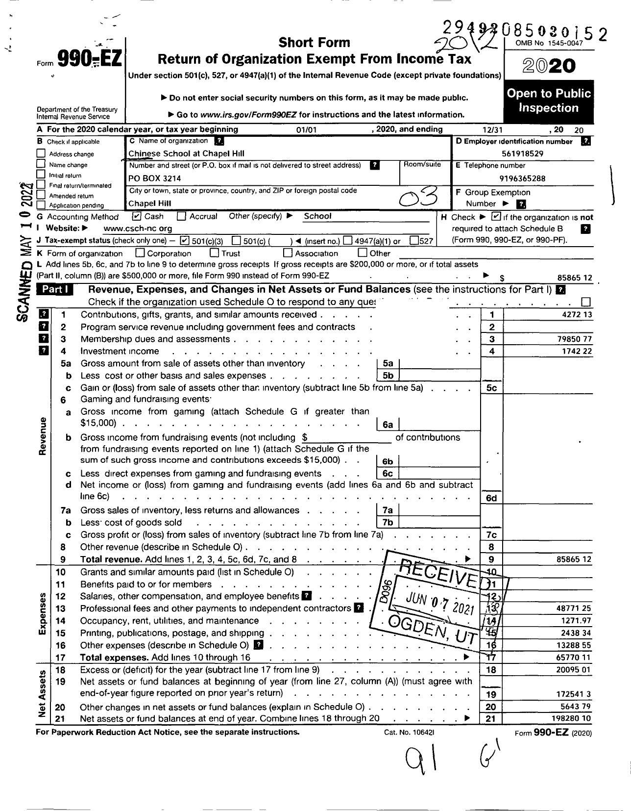 Image of first page of 2020 Form 990EZ for Chinese School at Chapel Hill