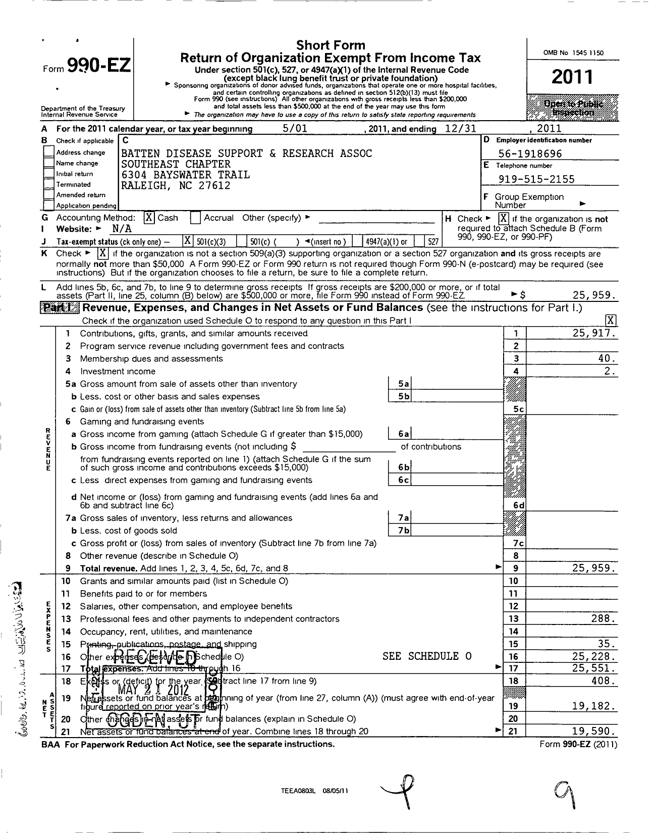 Image of first page of 2011 Form 990EZ for Batten Disease Support and Research Association / Southeast Chapter