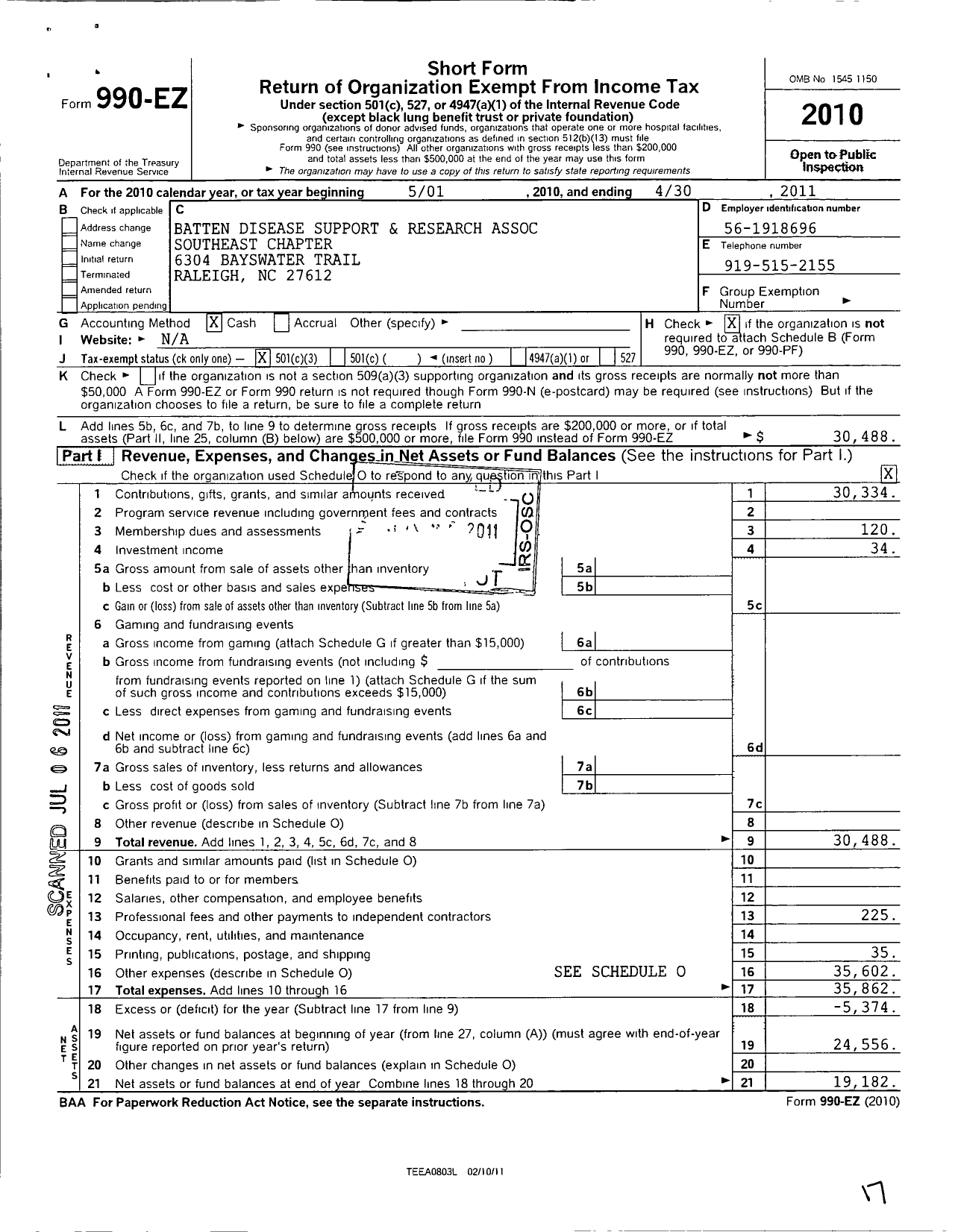 Image of first page of 2010 Form 990EZ for Batten Disease Support and Research Association / Southeast Chapter