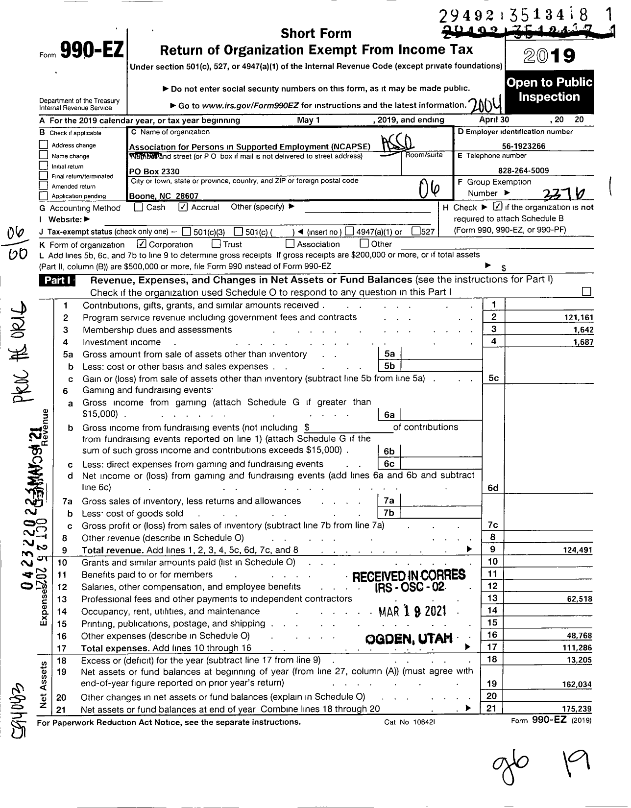 Image of first page of 2019 Form 990EO for Association for Persons in Supported Employment / North Carolina Chapter