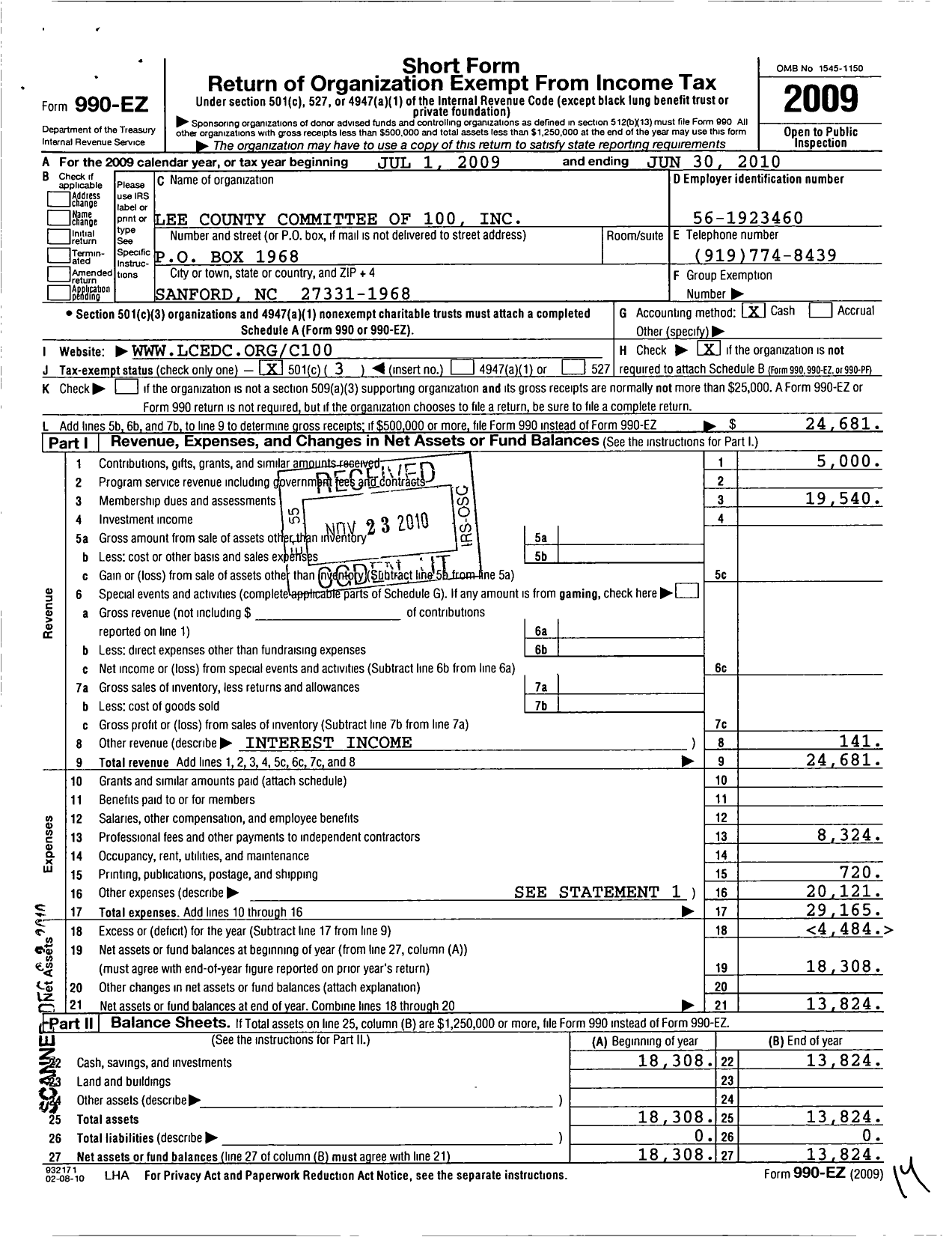 Image of first page of 2009 Form 990EZ for Sanford-Lee County Partnership for Prosperity Foundation