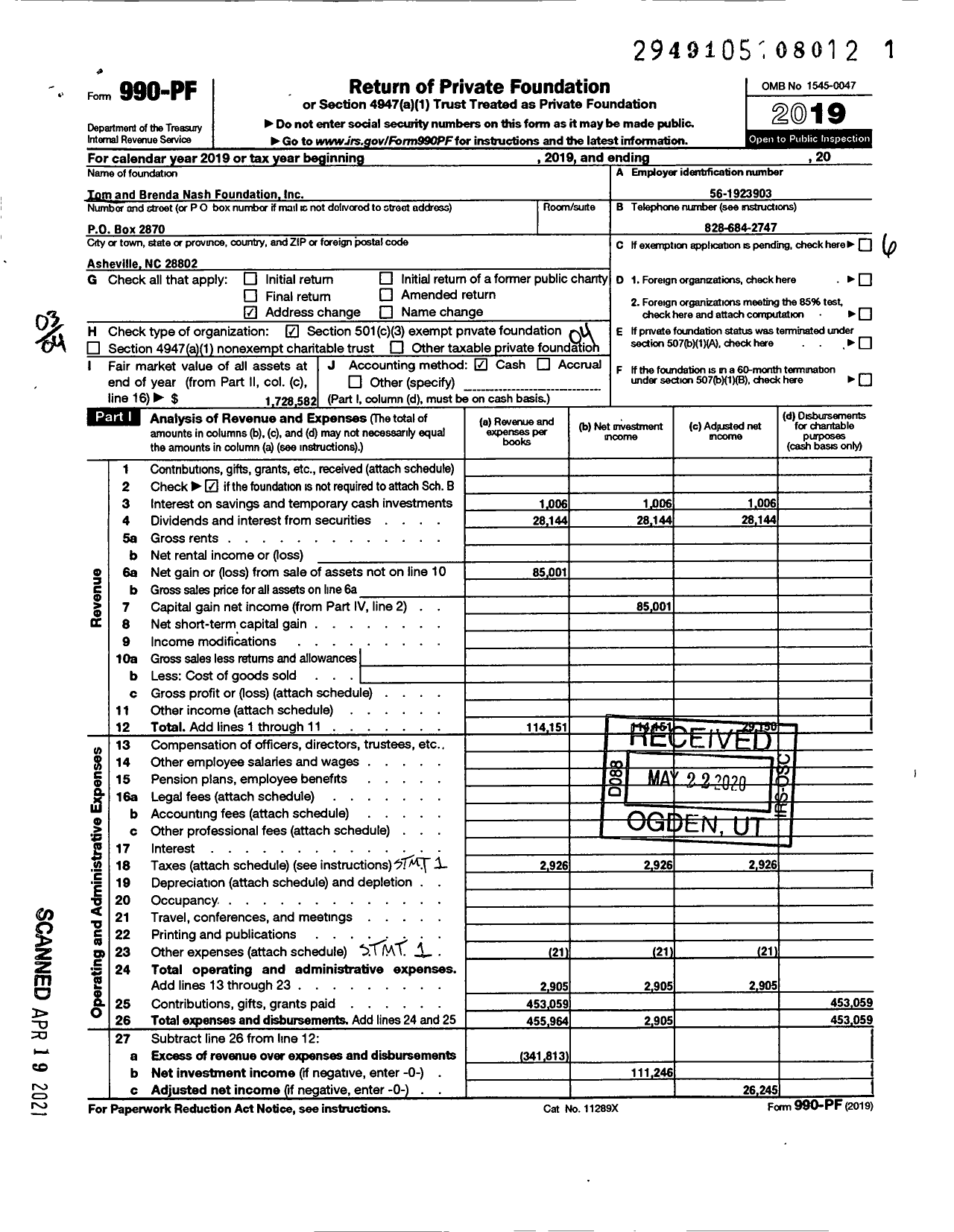 Image of first page of 2019 Form 990PF for Tom and Brenda Nash Foundation