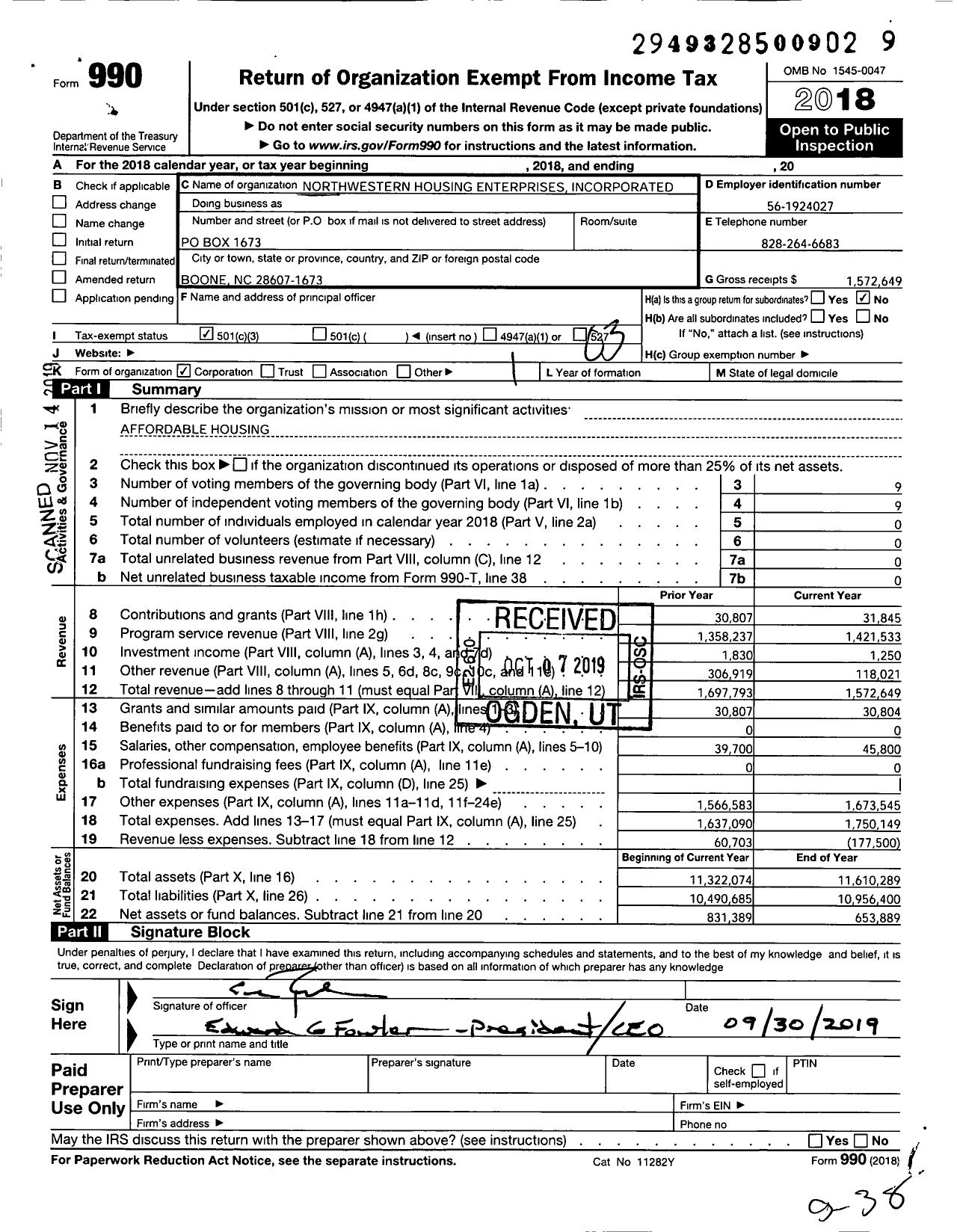 Image of first page of 2018 Form 990 for Northwestern Housing Enterprises Incorporated