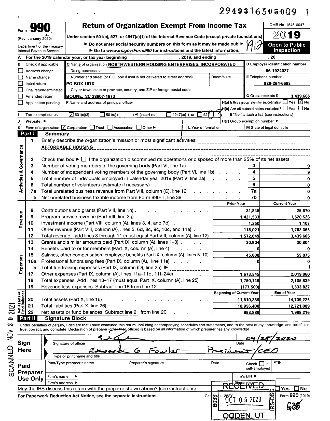 Image of first page of 2019 Form 990 for Northwestern Housing Enterprises Incorporated