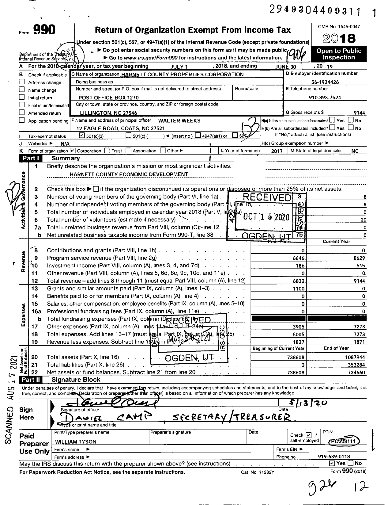 Image of first page of 2018 Form 990 for Harnett County Economic Development Partnership