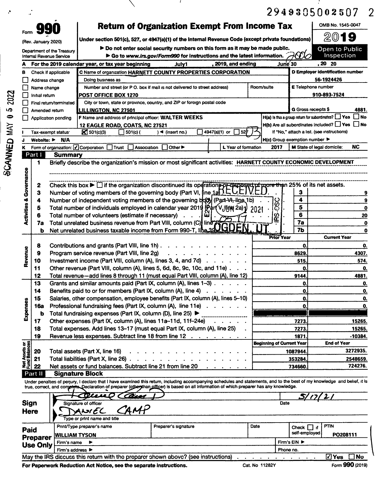 Image of first page of 2019 Form 990 for Harnett County Economic Development Partnership