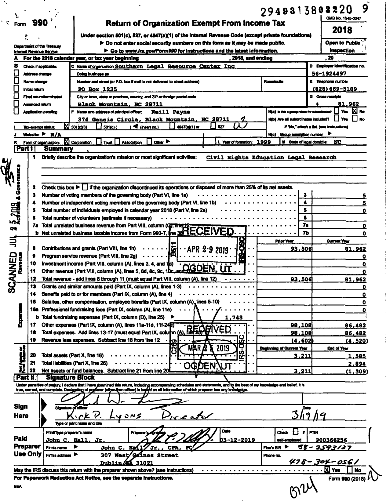 Image of first page of 2018 Form 990 for Southern Legal Resource Center