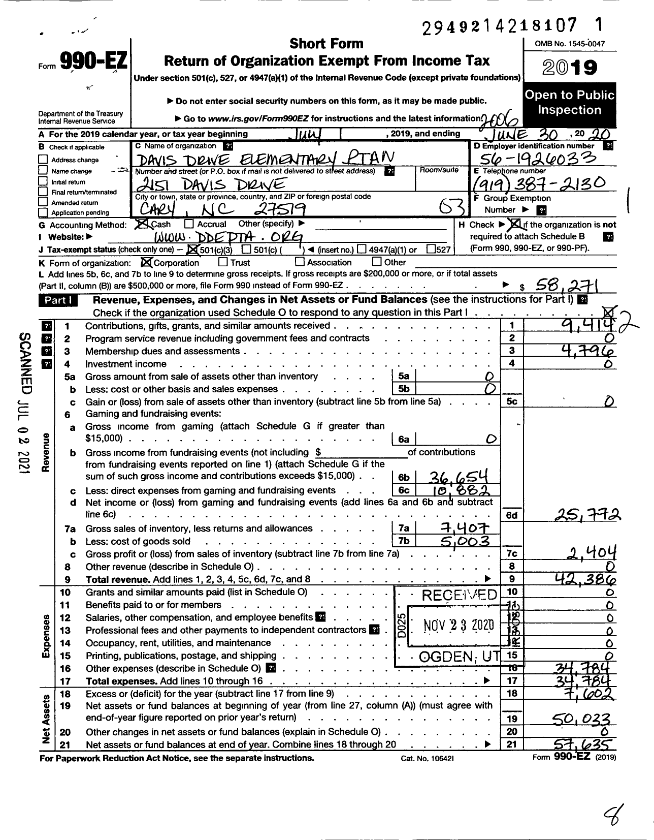 Image of first page of 2019 Form 990EZ for North Carolina PTA - Davis Drive Elementary School PTA