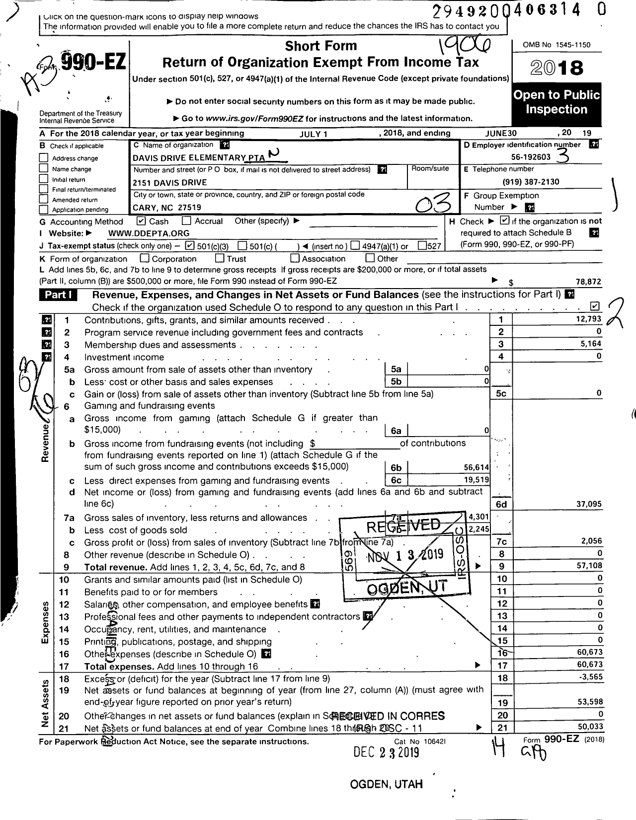 Image of first page of 2018 Form 990EZ for North Carolina PTA - Davis Drive Elementary School PTA