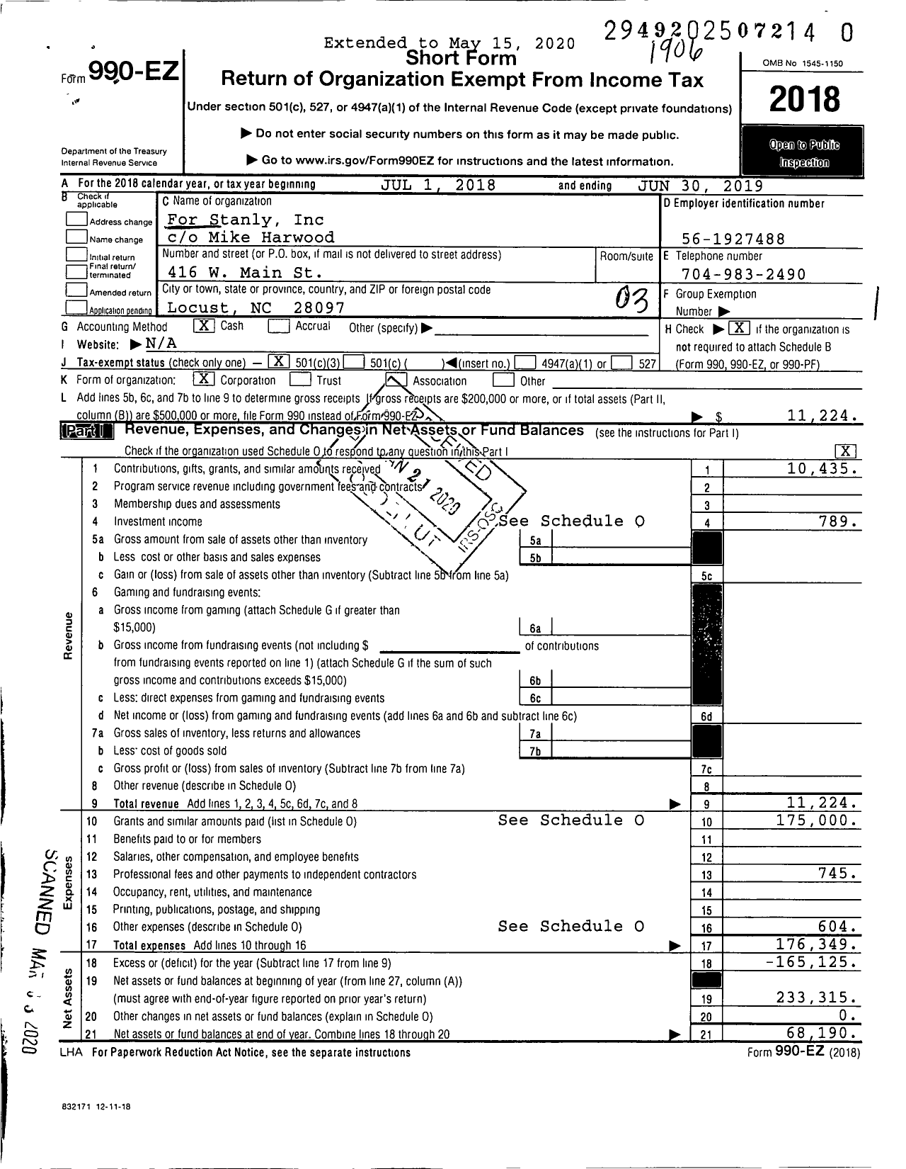 Image of first page of 2018 Form 990EZ for For Stanly