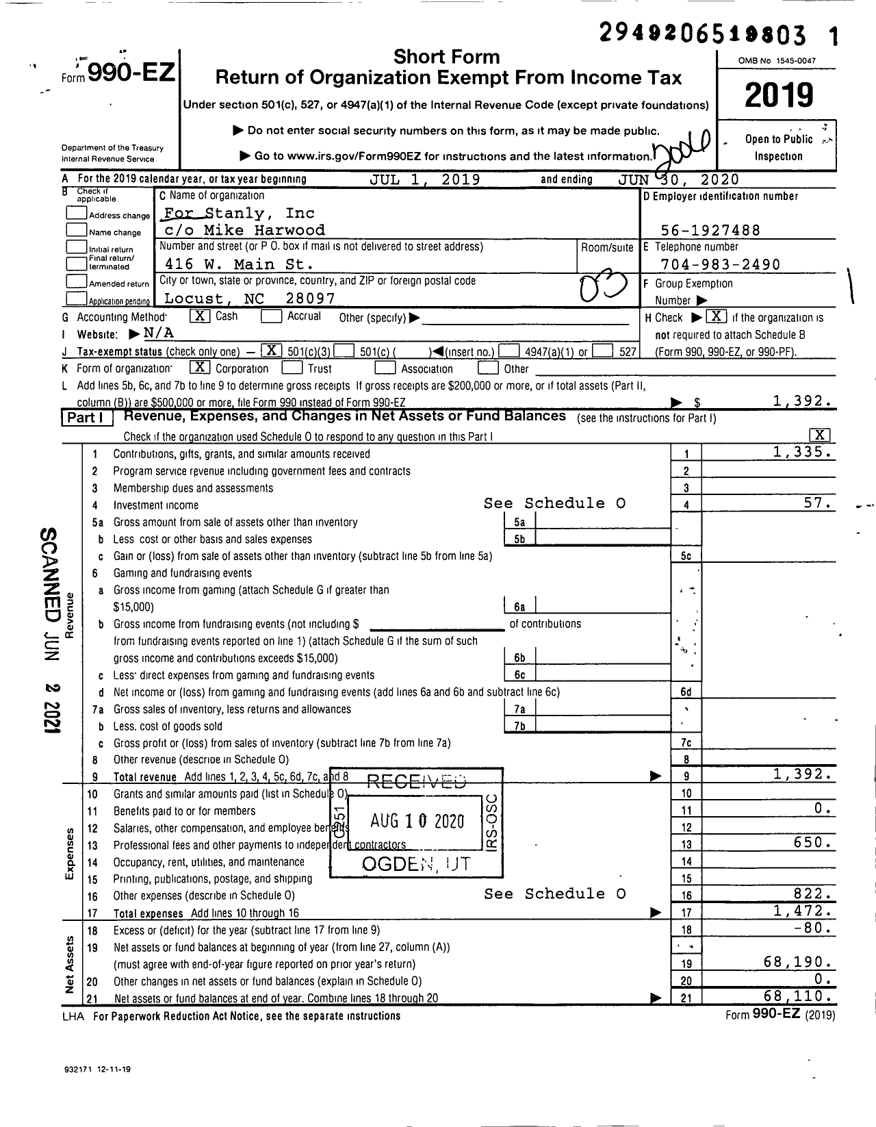 Image of first page of 2019 Form 990EZ for For Stanly