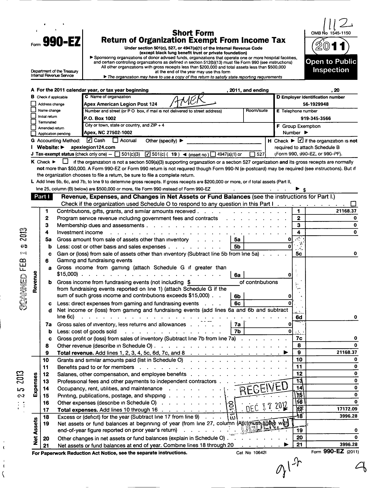 Image of first page of 2011 Form 990EO for Apex American Legion Post 124