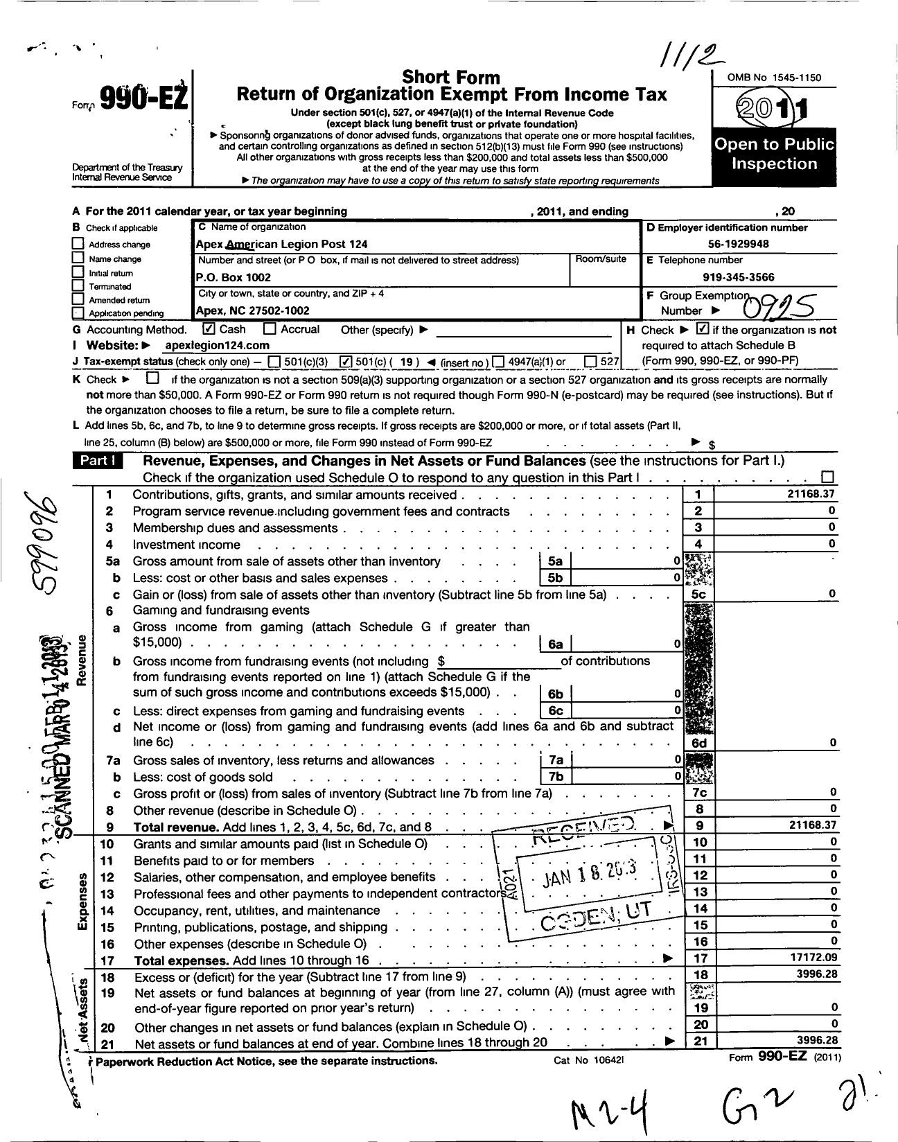 Image of first page of 2011 Form 990EO for Apex American Legion Post 124