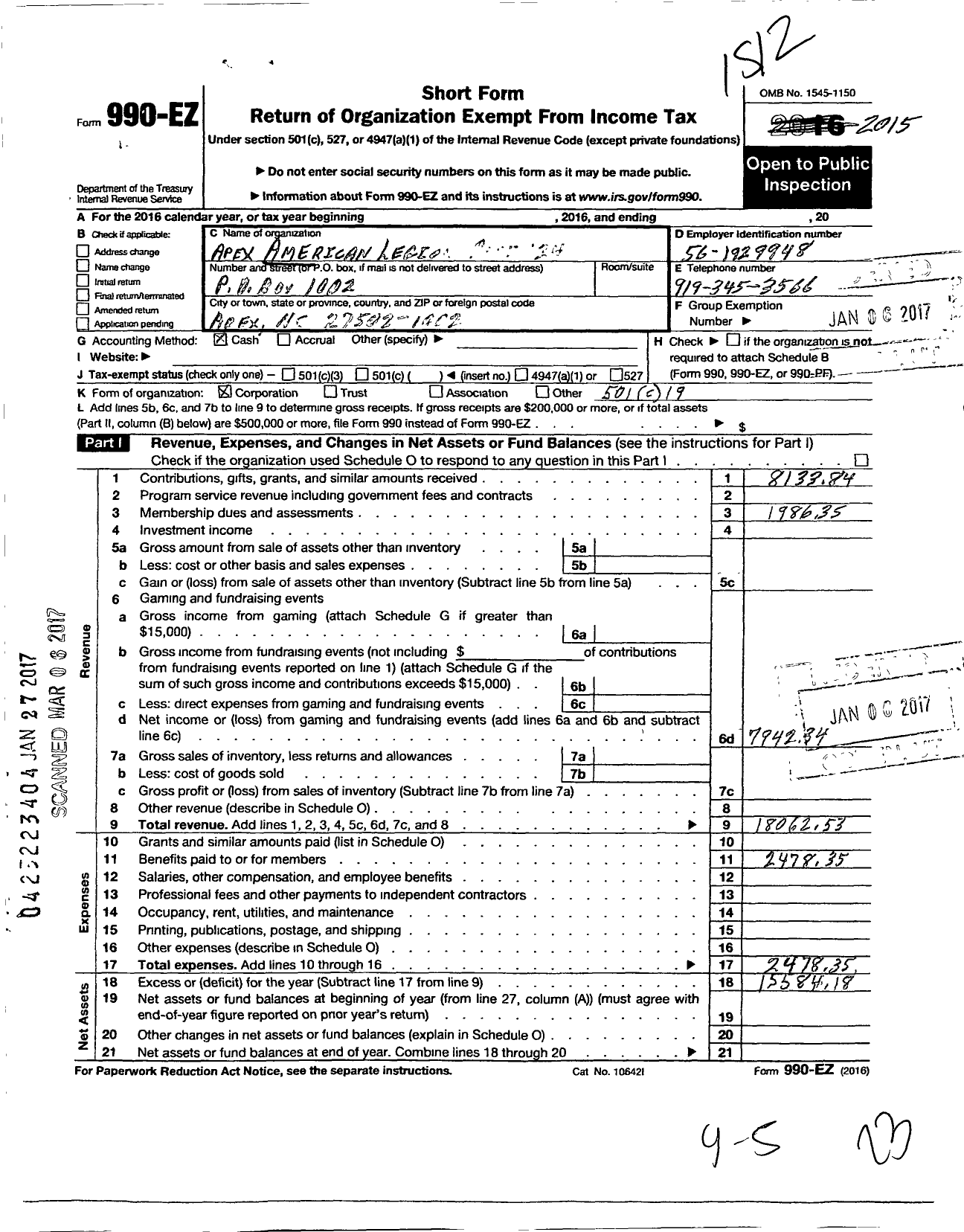 Image of first page of 2015 Form 990EO for Apex American Legion Post 124