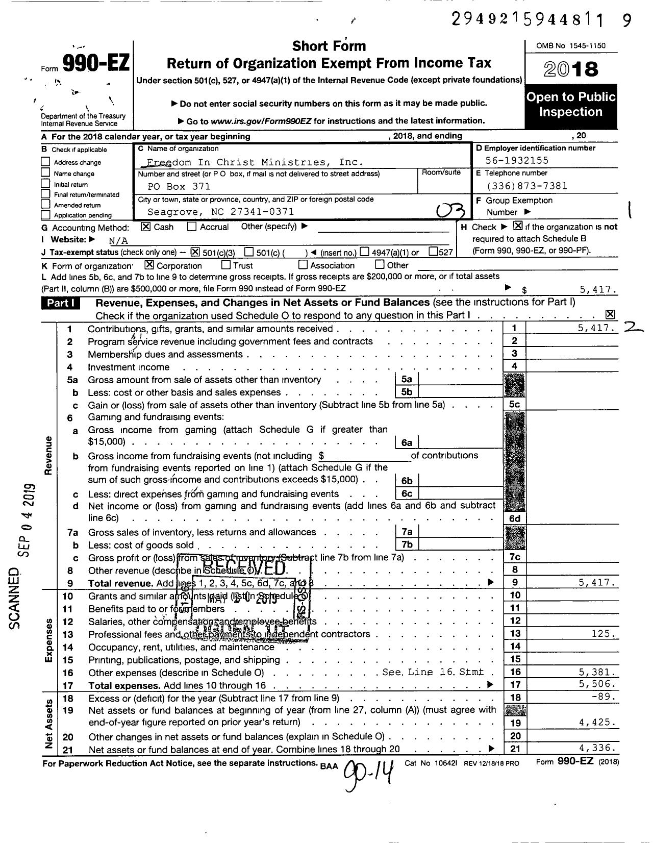 Image of first page of 2018 Form 990EZ for Freedom in Christ Ministries