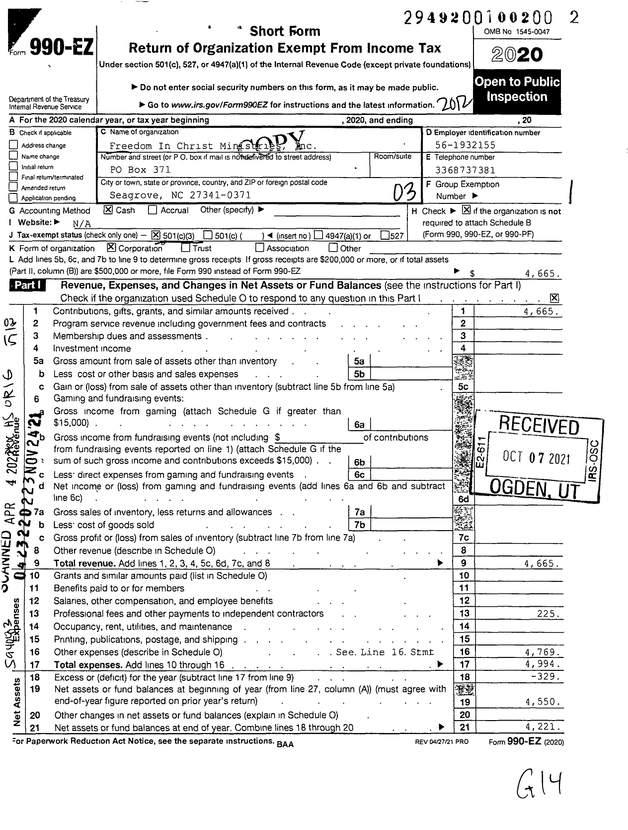 Image of first page of 2020 Form 990EZ for Freedom in Christ Ministries