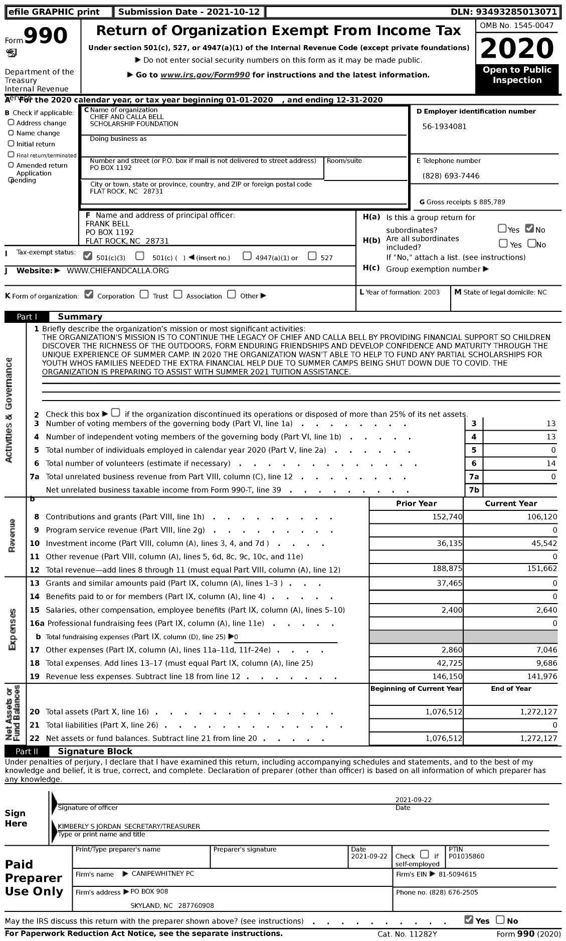 Image of first page of 2020 Form 990 for Chief and Calla Bell Scholarship Foundation