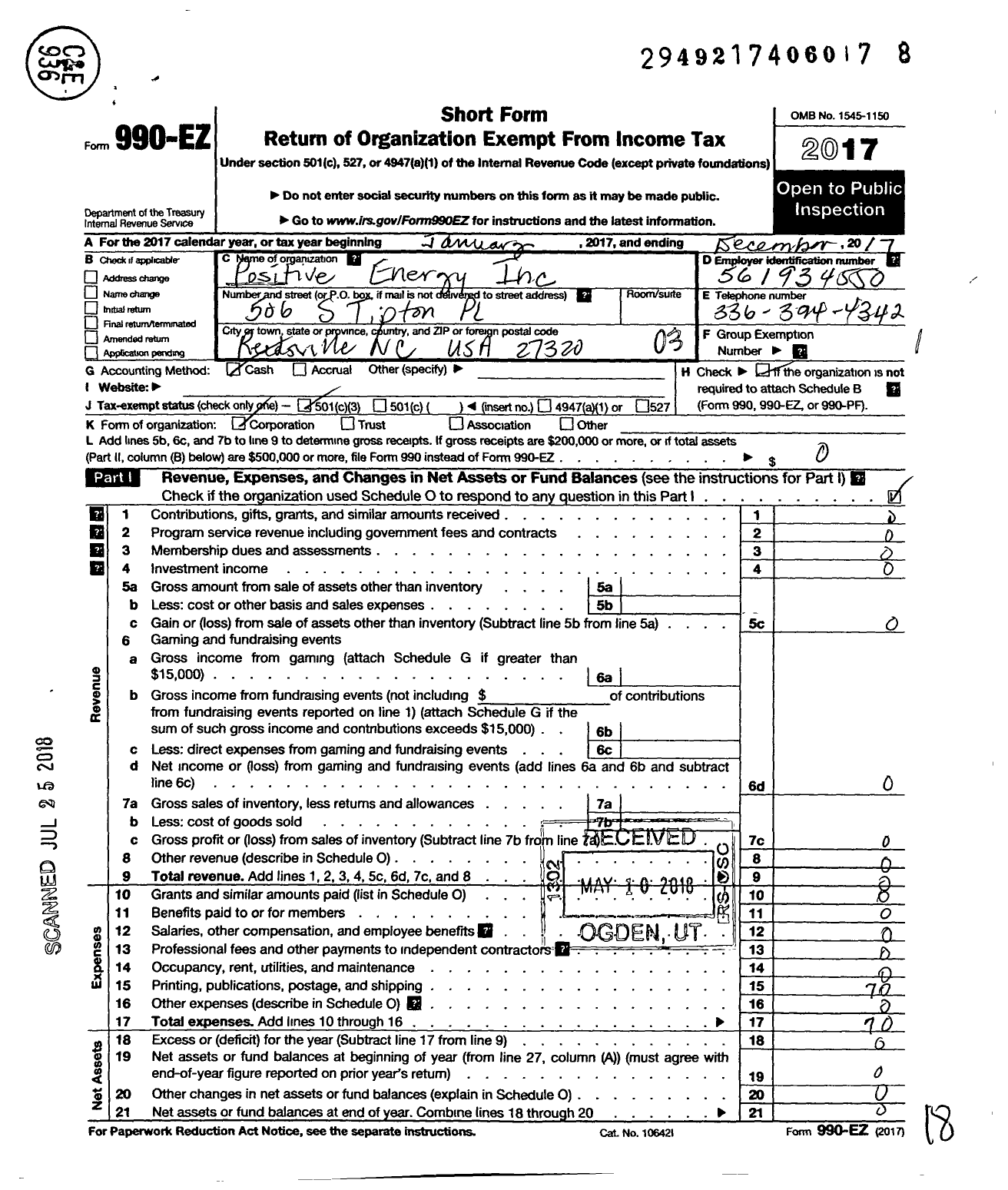 Image of first page of 2017 Form 990EZ for Positive Energy