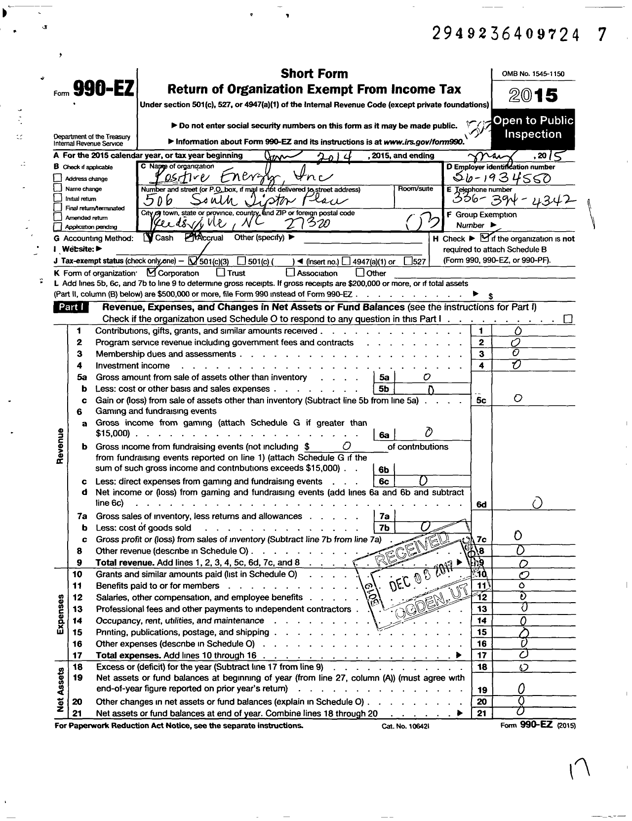 Image of first page of 2014 Form 990EZ for Positive Energy