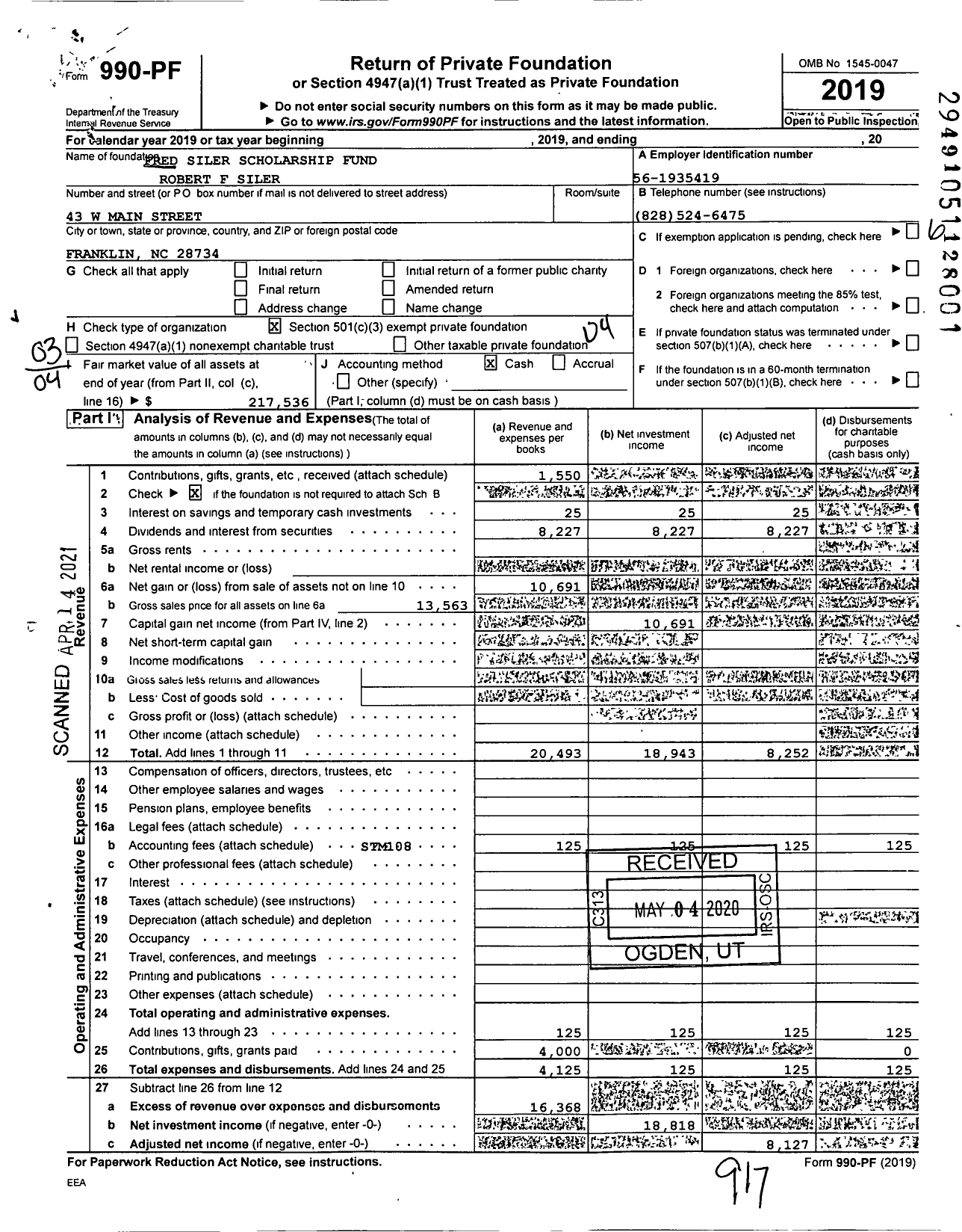 Image of first page of 2019 Form 990PF for Fred Siler Scholarship Fund