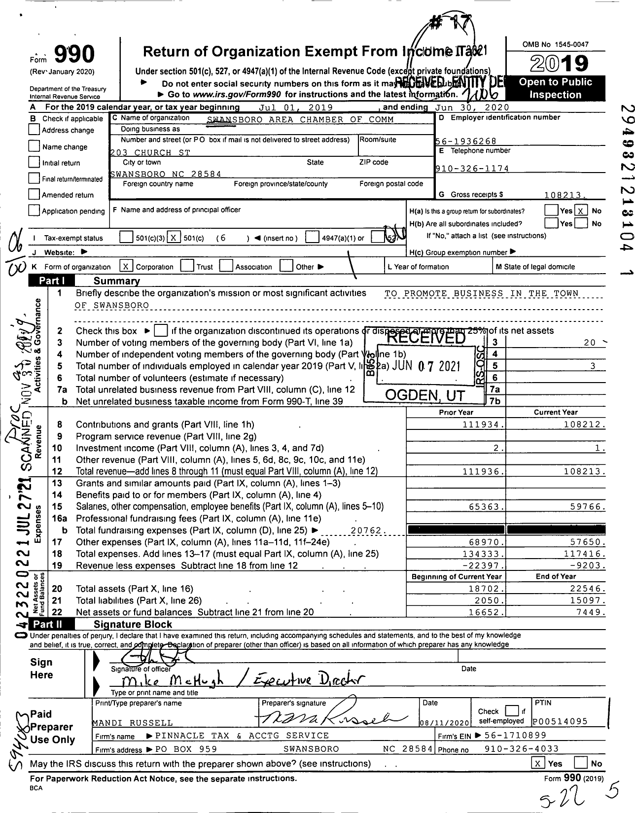 Image of first page of 2019 Form 990O for Swansboro Area Chamber of Commerce