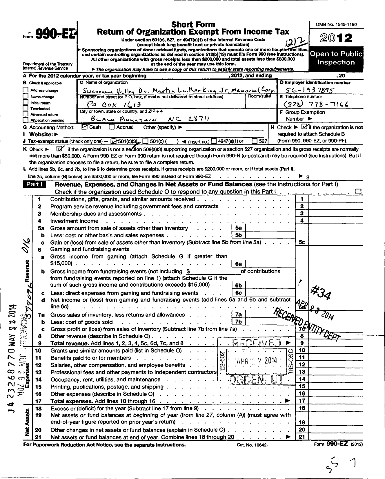 Image of first page of 2012 Form 990EZ for Swannanoa Valley Doctor Martin Luther King JR Memorial Corporation