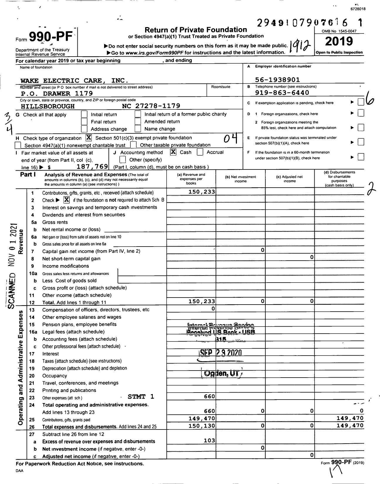 Image of first page of 2019 Form 990PF for Wake Electric Care