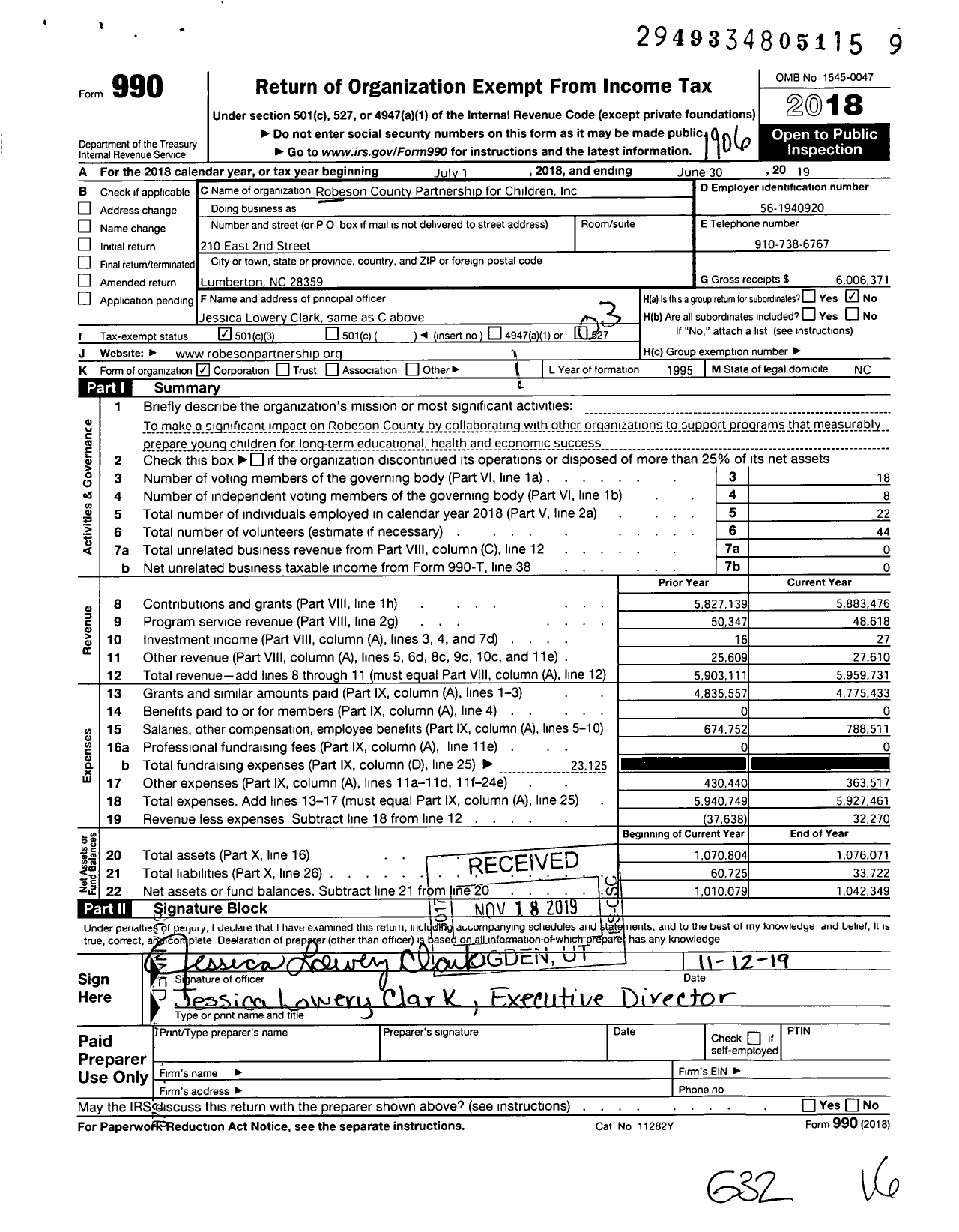 Image of first page of 2018 Form 990 for Robeson County Partnership for Children (NCPC)